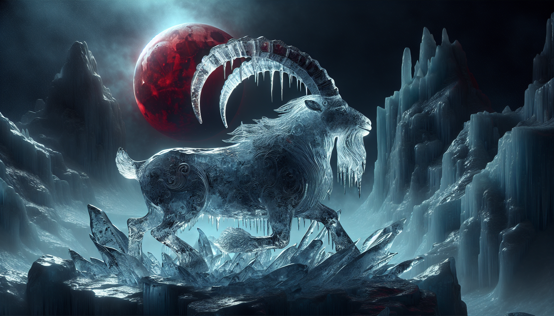 Capricorn sea goat carved in ice illuminated by red eclipse light, cold blue and crimson contrast, dark fantasy realism
