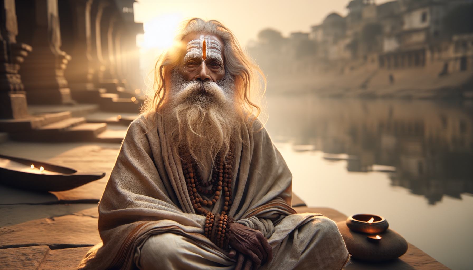 Ultra-realistic cinematic portrait of Sant Kabir Das, 15th-century Indian mystic poet, elderly Indian saint with serene yet intense eyes, long flowing white beard, weathered face with spiritual depth, simple cotton dhoti and shawl in earthy tones (off-white, saffron, muted beige), rudraksha mala around neck, wooden khadau sandals beside him, sitting cross-legged near the banks of the Ganges river at sunrise in Varanasi.

Golden hour lighting with soft warm sunlight illuminating his face from the side, dramatic volumetric god rays passing through light morning mist, gentle river fog in background, subtle lens flare, shallow depth of field, creamy cinematic bokeh, ultra-detailed skin texture, visible fabric fibers, natural wrinkles and age lines, 85mm lens look, f/1.8 aperture.

Background: Ancient Varanasi ghats softly blurred, stone steps, diyas floating in river, faint temple silhouettes in distance, birds flying across glowing orange sky. Atmosphere spiritual, peaceful, divine aura subtly glowing around him (very soft halo effect, realistic not fantasy).

Color grading inspired by high-end Bollywood historical drama films, warm golden tones, rich contrast, HDR, 8K resolution, IMAX cinematic framing, symmetrical composition, dramatic yet calm mood.

Hyper-detailed, photorealistic, National Geographic portrait style blended with Bollywood epic cinematography.