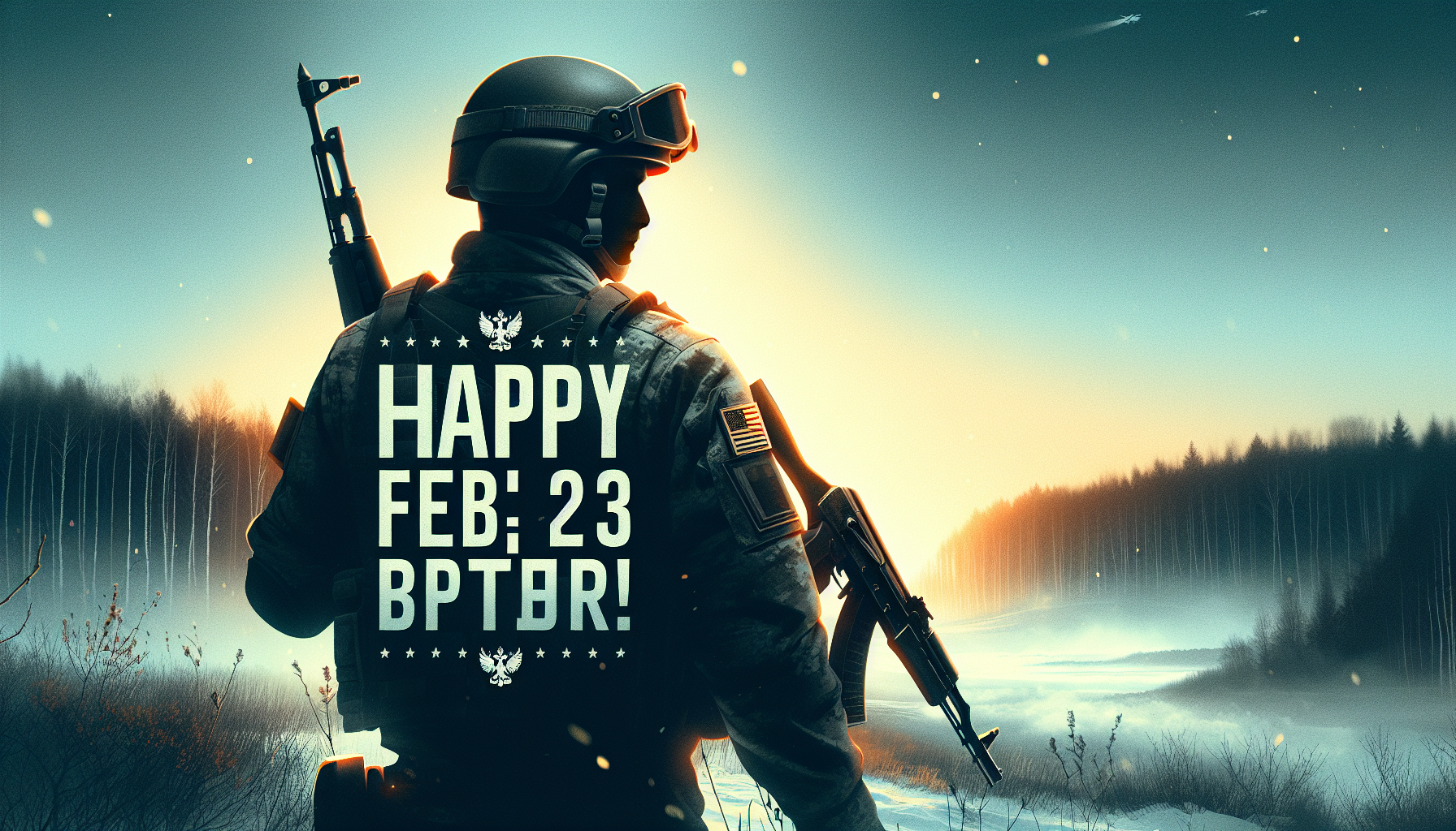 Стильный военный постер, силуэт офицера в современной полевой форме смотрит вдаль на фоне весеннего рассвета с легким туманом, надпись кириллицей на русском шрифт Impact "Поздравляю с 23 февраля, брат!". Стиль современный цифровой арт, суровые цвета, искры боя