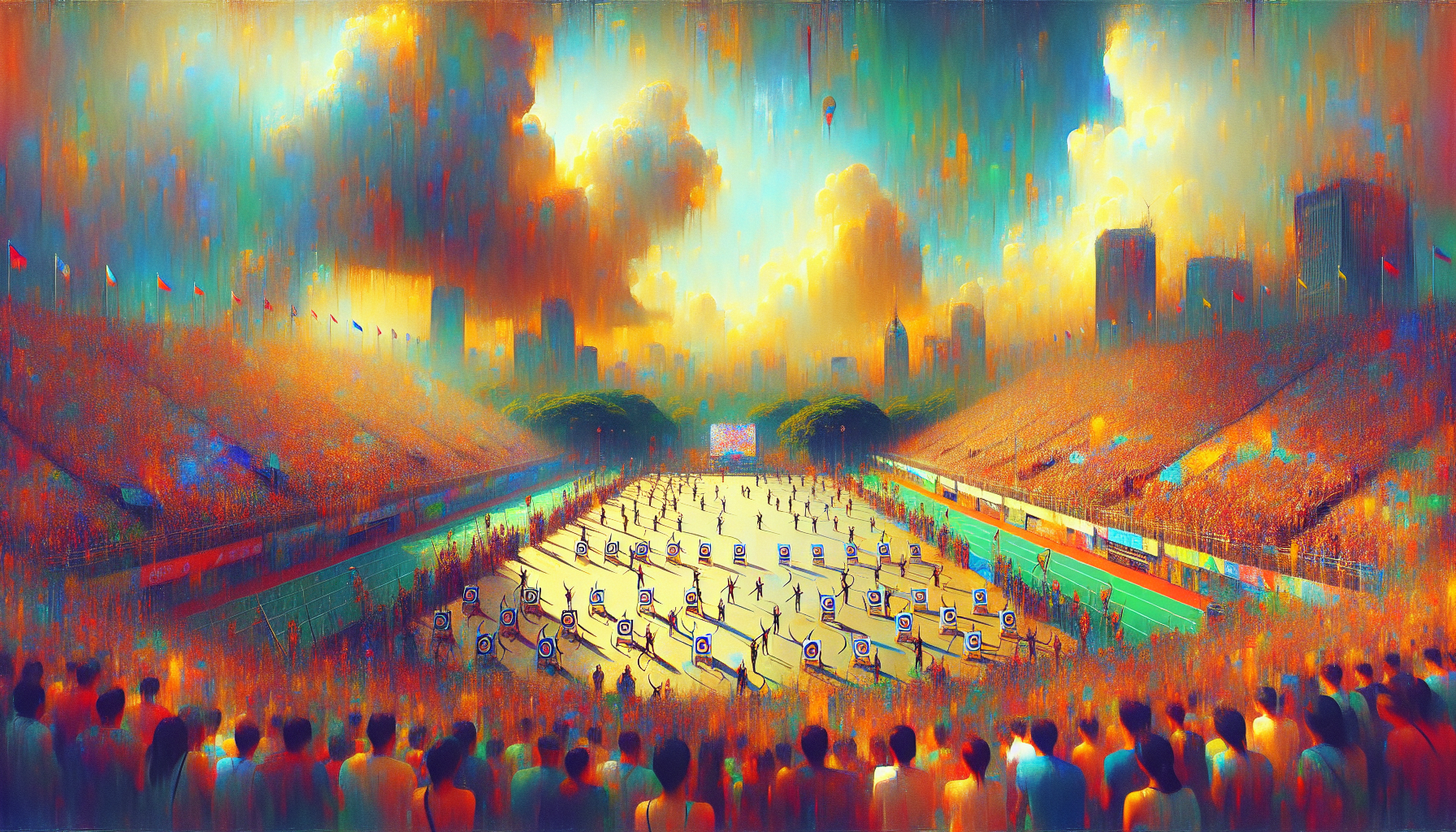 Generate an image of an open field crowded with audience watching an archery competition in the area of Manila Philippines. The sun light was hidden by the clouds still penetrates that makes the surrounding warm and bright