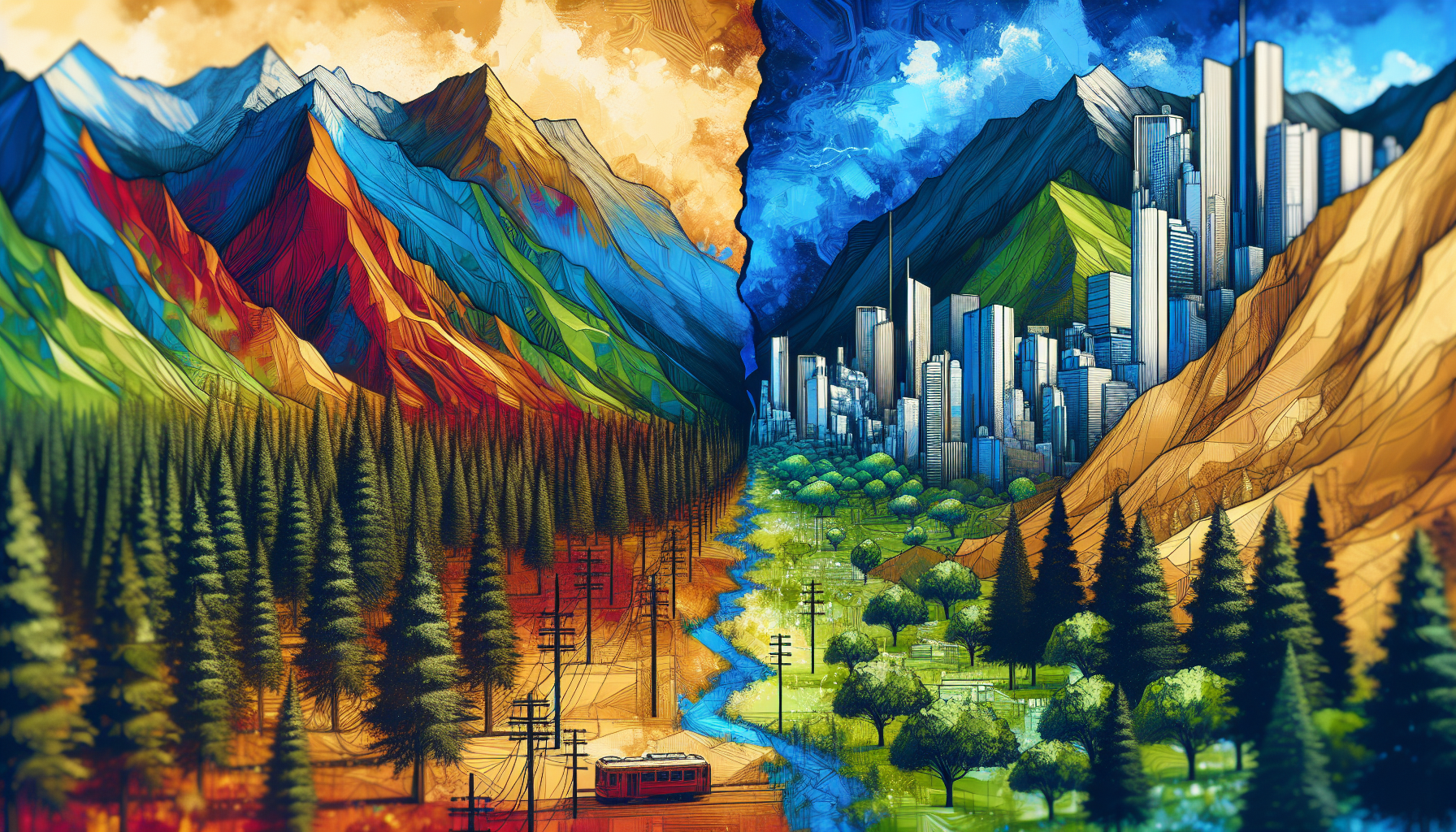 Generate an image of a fault line with a vibrant colors dividing a surrounding were trees, mountains and modern city.
