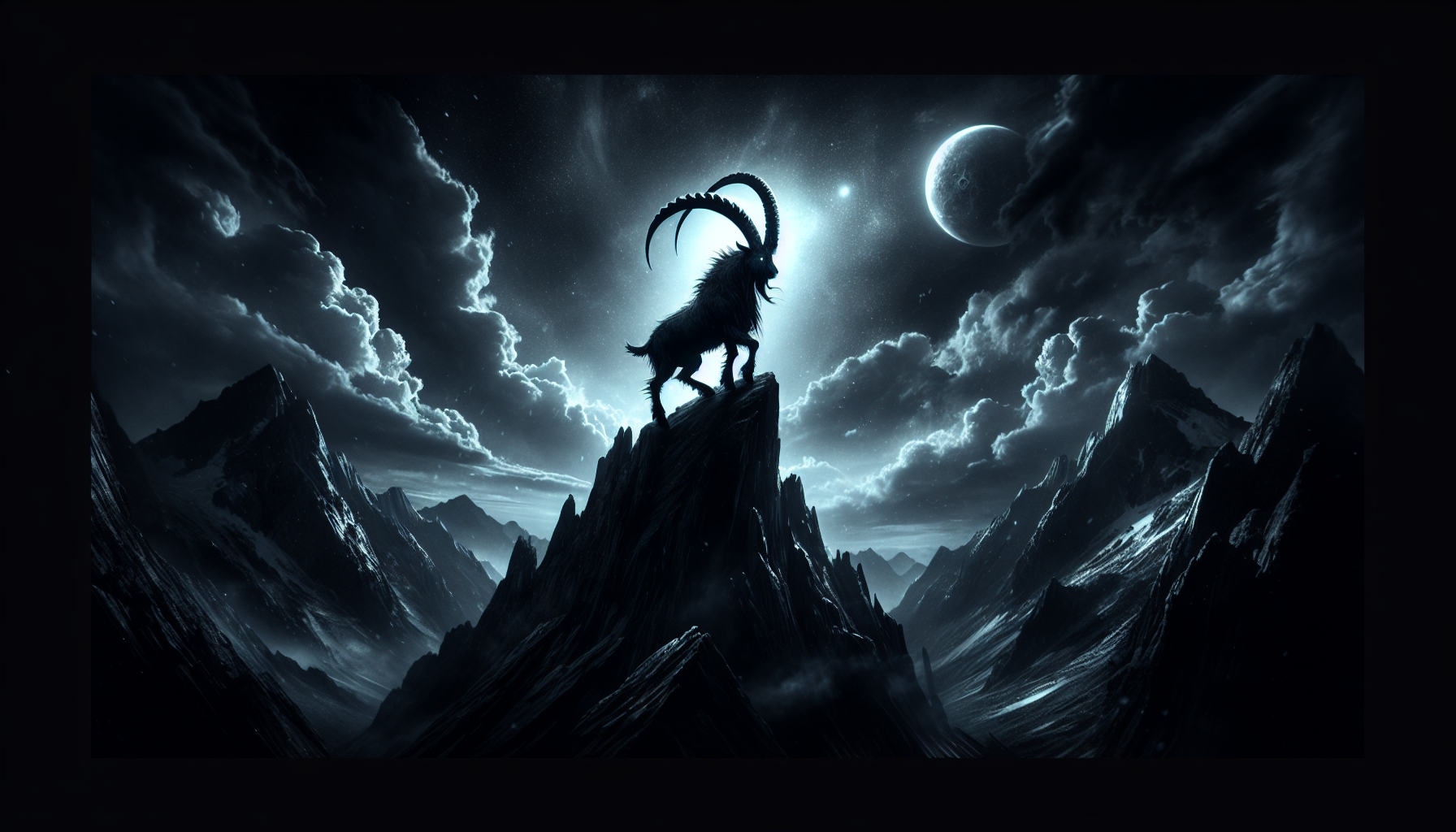 Dark cinematic illustration of a powerful Capricorn sea-goat standing on a jagged mountain peak at night, glowing retrograde planet in the cloudy sky, deep navy and charcoal tones, dramatic moonlight, ultra detailed, high contrast, mystical atmosphere