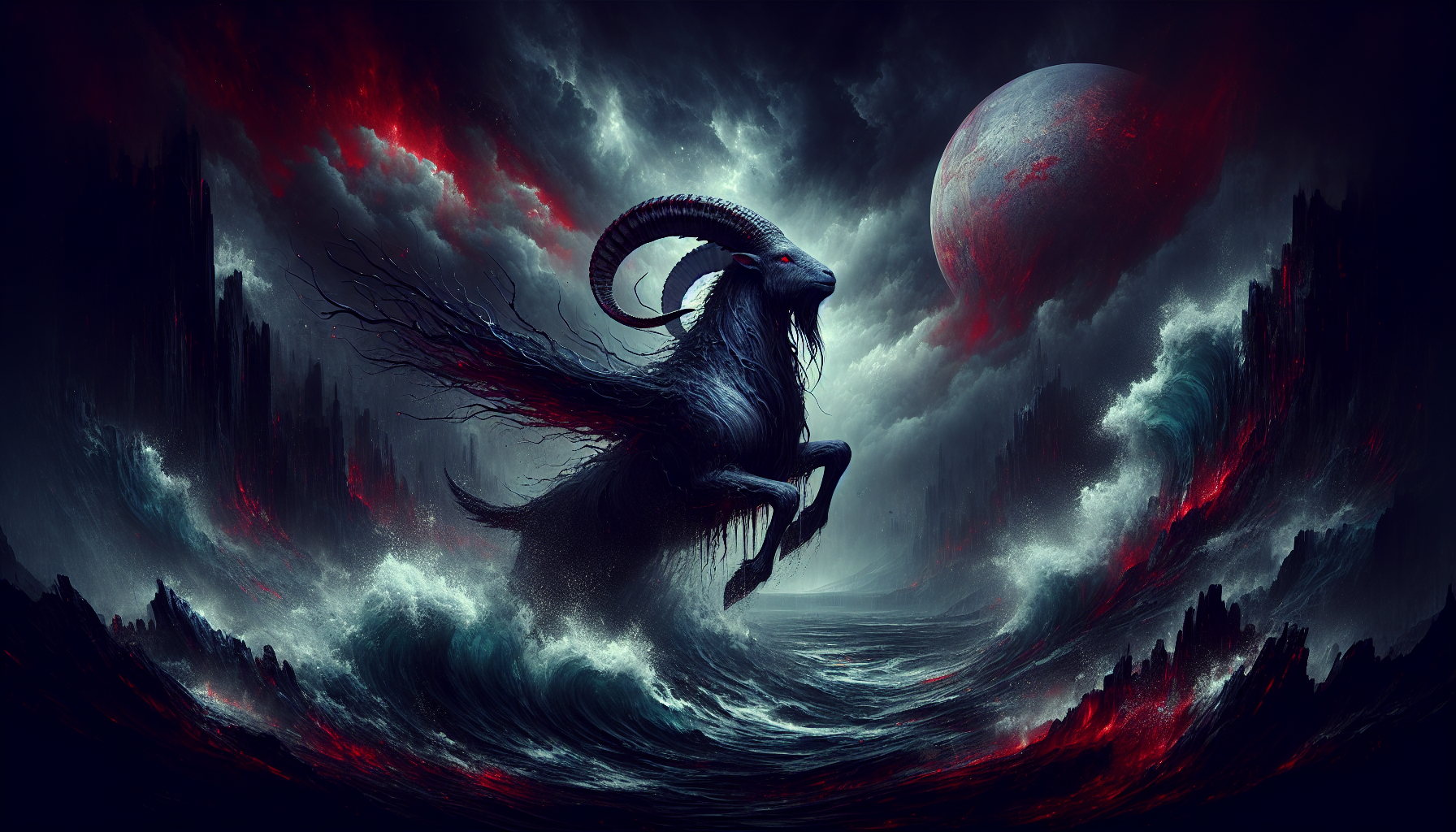 Capricorn sea-goat emerging from dark waters under a blood-red planet, intense shadows, stormy waves, deep navy and crimson accents, high detail, cinematic fantasy