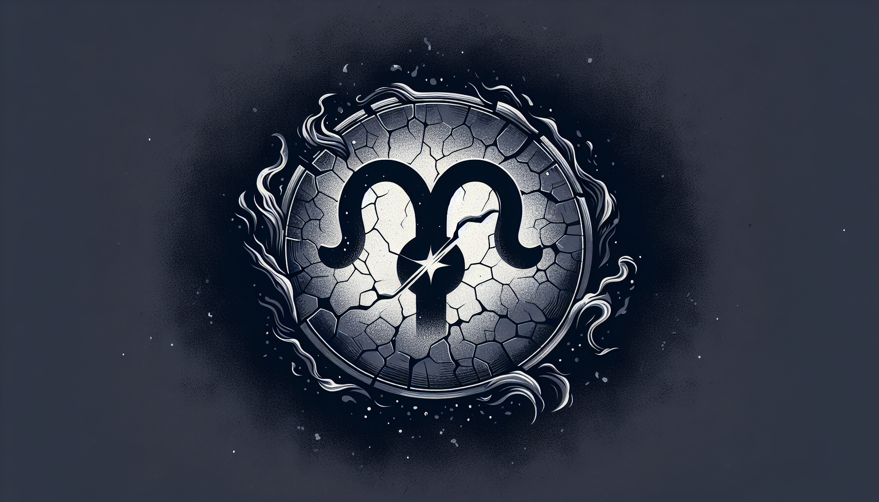 Minimal dark background with a silver Capricorn emblem cracked but glowing from within, subtle smoky aura, deep graphite and navy palette, high contrast