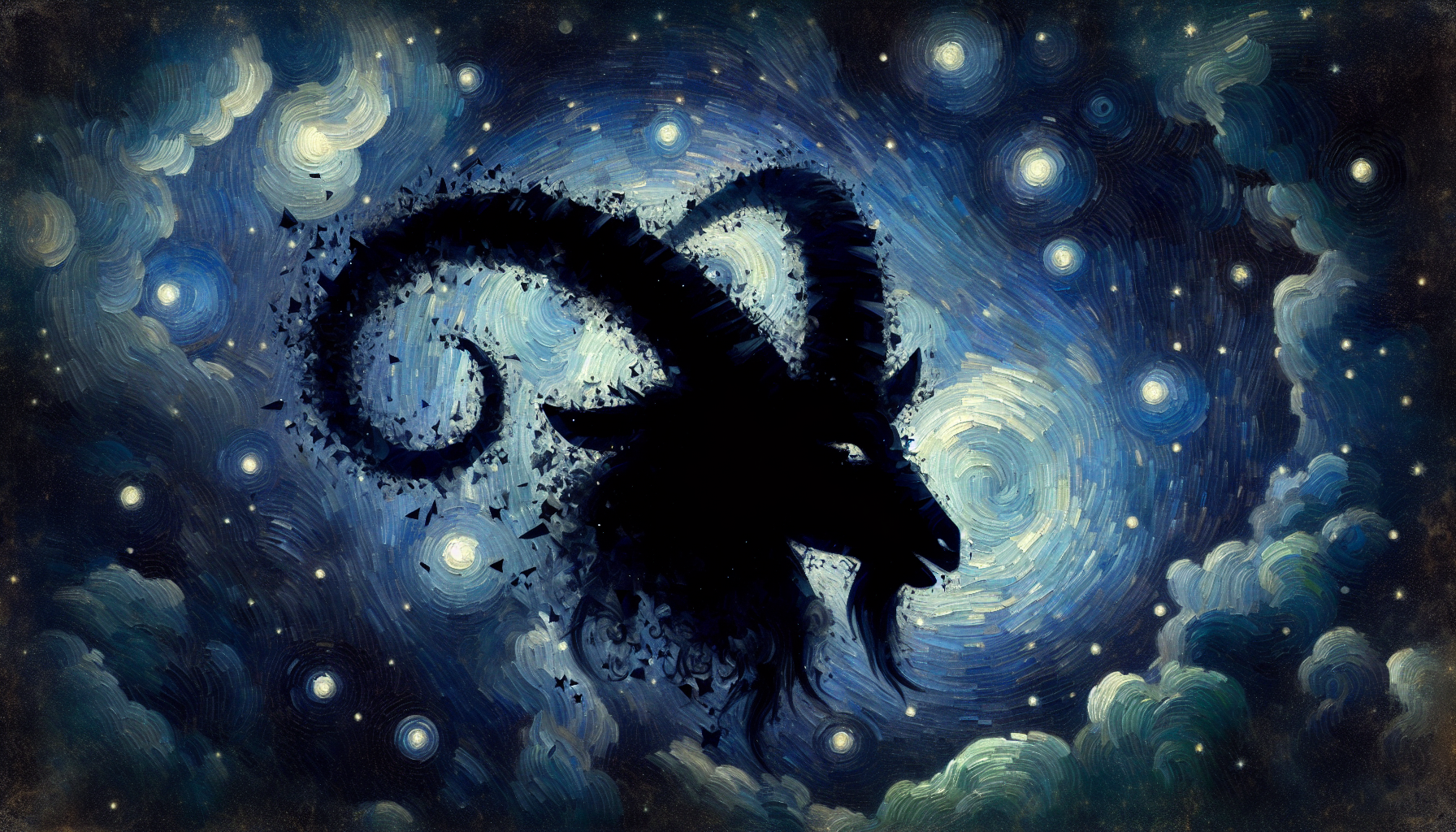 Shadowy Capricorn emblem floating in space surrounded by slow backward moving star particles, deep indigo and black cosmic scene