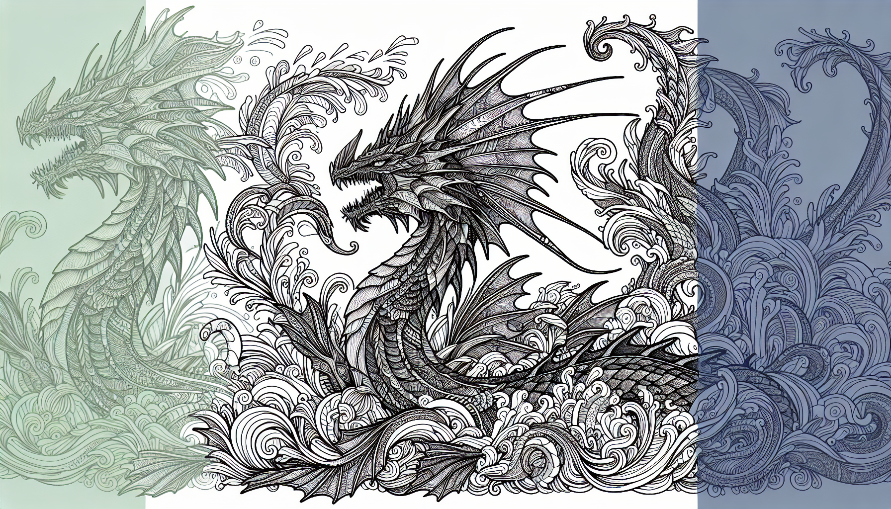 adult coloring page, sea monsters, big blank spaces for coloring, linework

