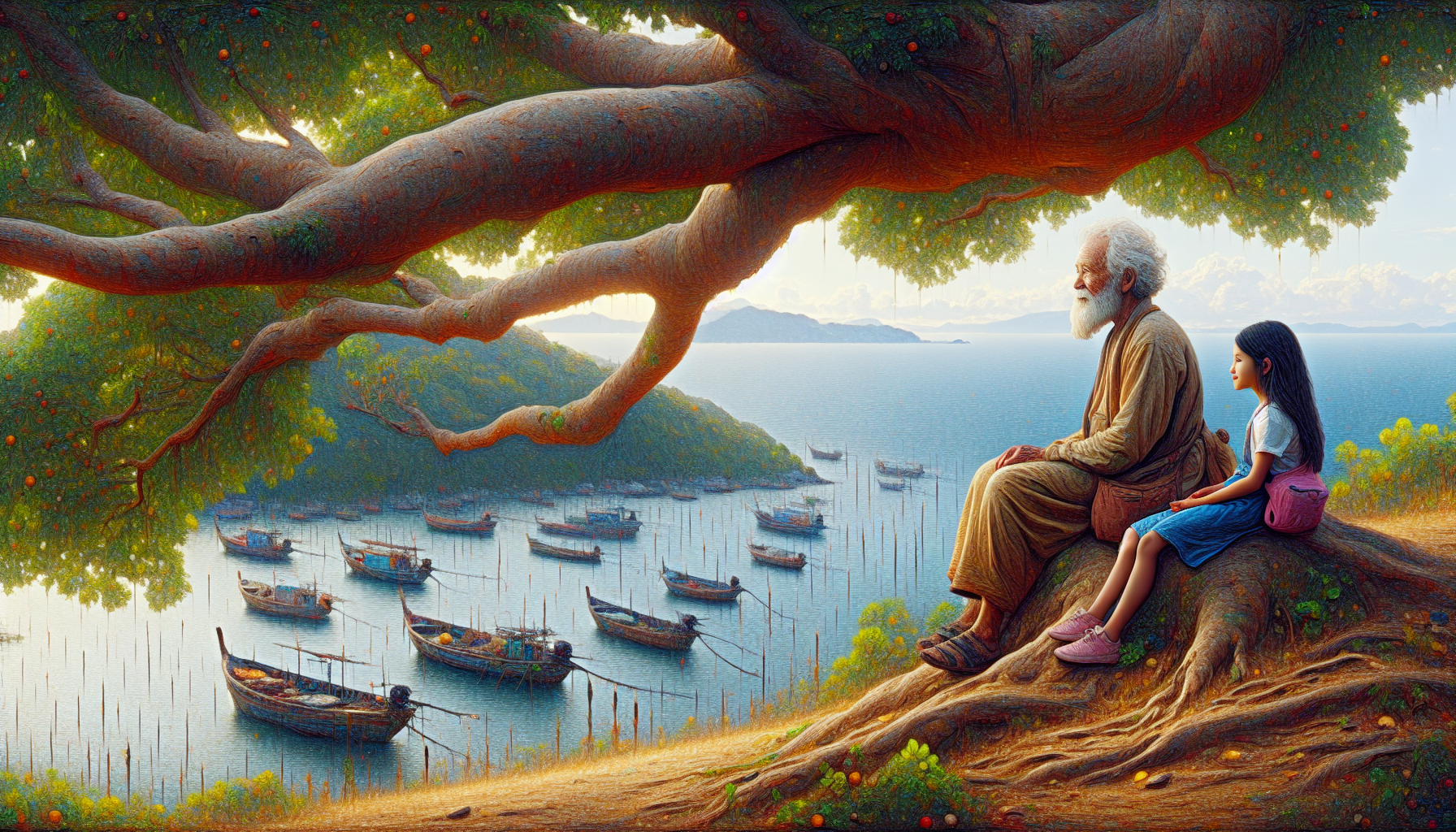 Grandfather sitting with his grand-daughter atop a hill under a large shade tree looking down at a harbor with boats at their moorings.