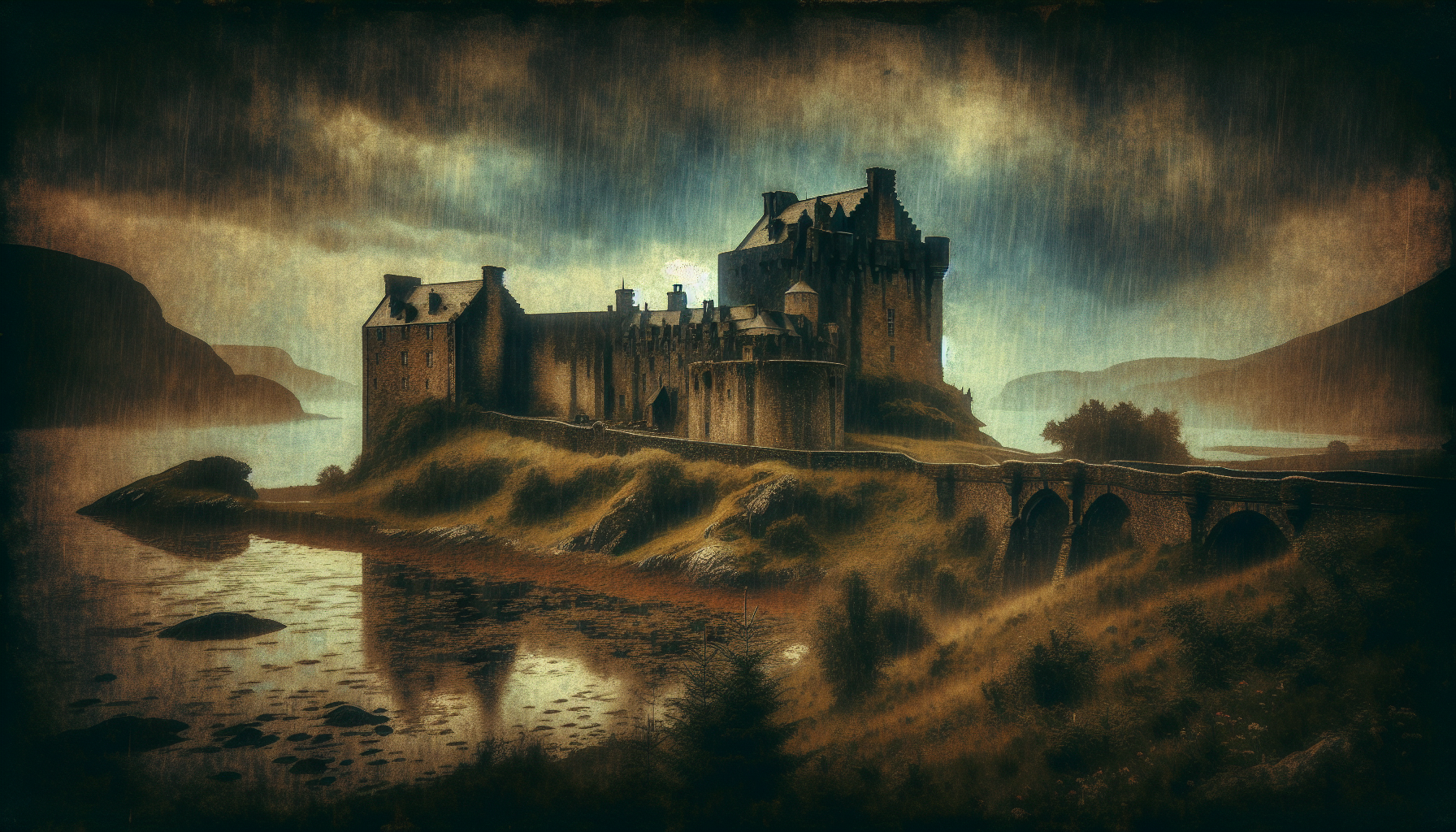 Castelo escocês em dia nublado com chuva leve