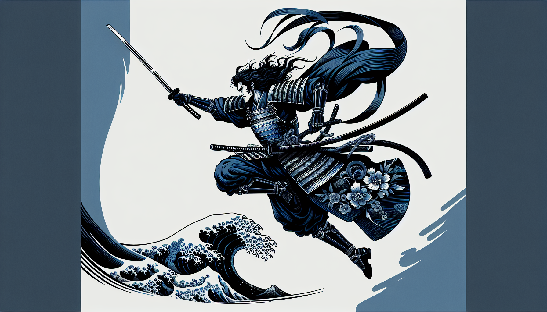 A striking full-body samurai warrior in mid-motion, leaping forward with a raised katana, depicted in traditional ukiyo-e woodblock print style. The warrior has flowing hair and a fierce expression, capturing a dramatic action moment. He wears classical samurai armor decorated with intricate floral and ocean wave motifs that blend elegantly into the garment. The composition emphasizes powerful movement with stylized curved lines and flowing shapes. Color palette dominated by rich indigo, deep Prussian blue, and soft azure tones, with flat color areas, subtle gradients, and bold black ink outlines typical of Edo-period prints. Textured woodblock print feel, visible grain, and slight ink irregularities. High contrast using black and white to accentuate clothing folds and hair motion. Full body in frame, isolated on a plain white background, minimalistic composition, no scenery, authentic Japanese ukiyo-e aesthetic, highly detailed, crisp linework, museum-quality print style.