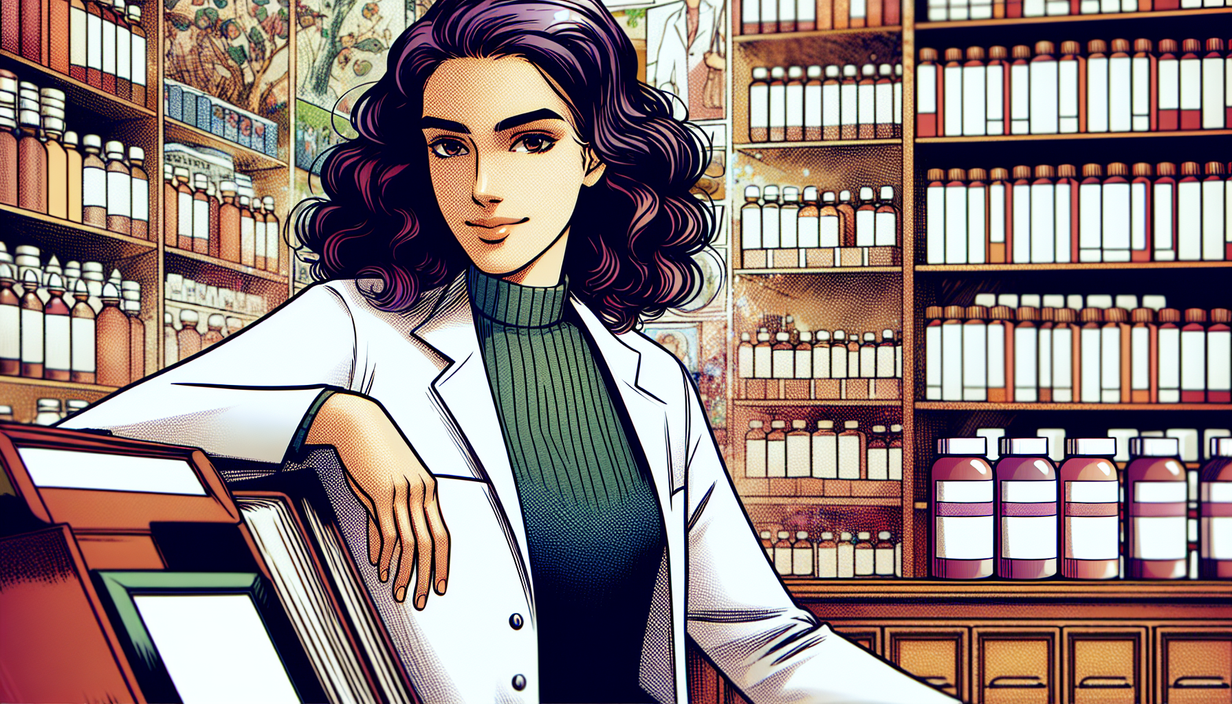 Mujer boticaria, con libros de boticaria atras suyos. de pelo largo castaño oscuro rizado. con semblante relejado que demuestra un aire elegante pero divertido. apoyada sobre un muro aun costado