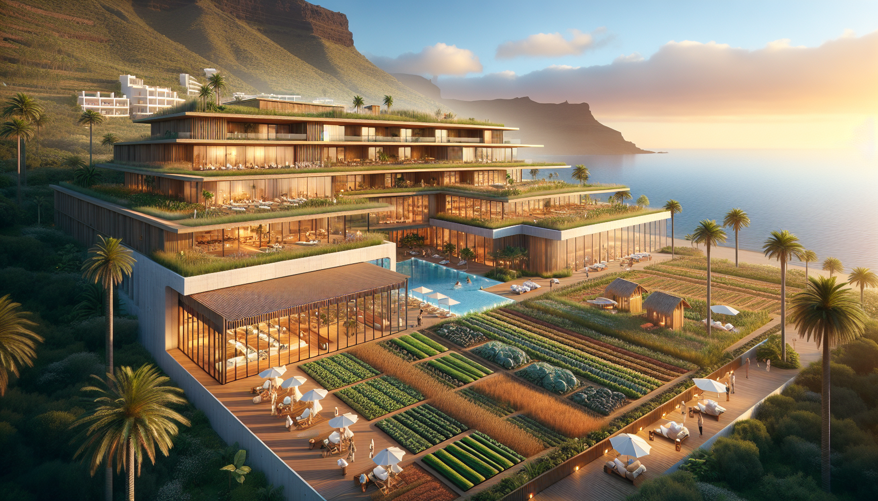 Create the image of a modern rustic hotel, a hotel focused on tourism for physical and spiritual healing, where spiritual retreats and meditation courses are held, located in Gran Canaria with sea views; it should have a large estate where organic products can be grown and produced, with conference rooms, yoga and massage facilities.