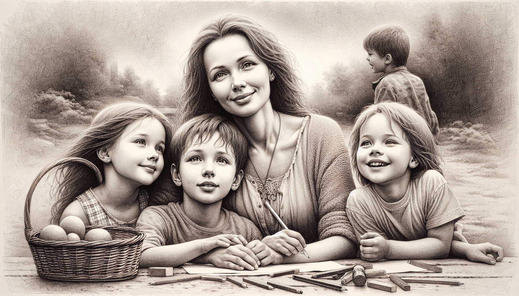 A mother with three kids a 8 year old son a 7 year old daughter and a 5 year old boy 