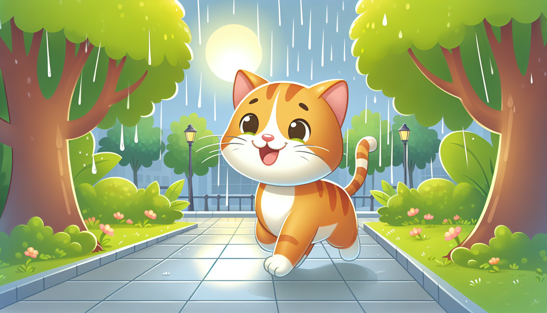 un gato alegre caminando por el parque, es de dia y esta lloviendo un poco