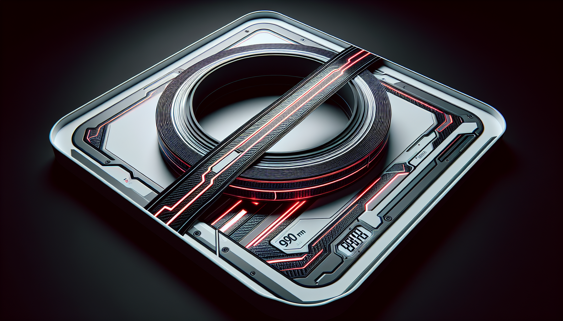 Title: One-Dimensional Strip with Carbon Fiber Texture and Neon Accents

Description:
- 2D image
Create a vinyl sticker with a one-dimensional, flat image measuring exactly 990 mm in length and 140 mm in width, intended for use on a car windshield. This strip should include:
- White inserts inside the frame,
- A smooth carbon fiber textured frame in a cyberpunk style,
- White inserts inside the frame,
- Glowing red neon cyberpunk-style accents placed only along the edge of the strip to enhance visual interest, strictly horizontal,
- Clean, ultra-sharp edges emphasizing the linearity of the shape,
- Background inside the frame — solid white color to highlight its one-dimensionality,
- The final image should be provided at the highest possible resolution for clarity and printing purposes.