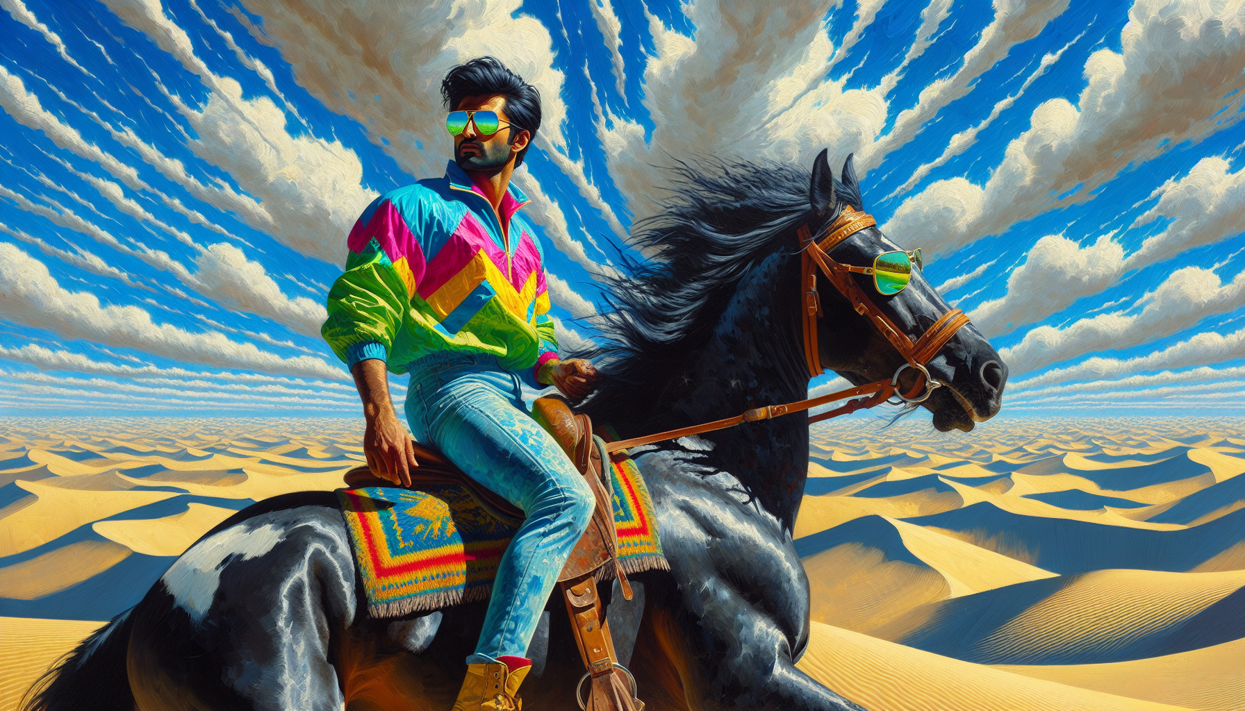 A man in the 80s riding a horse through the desert.