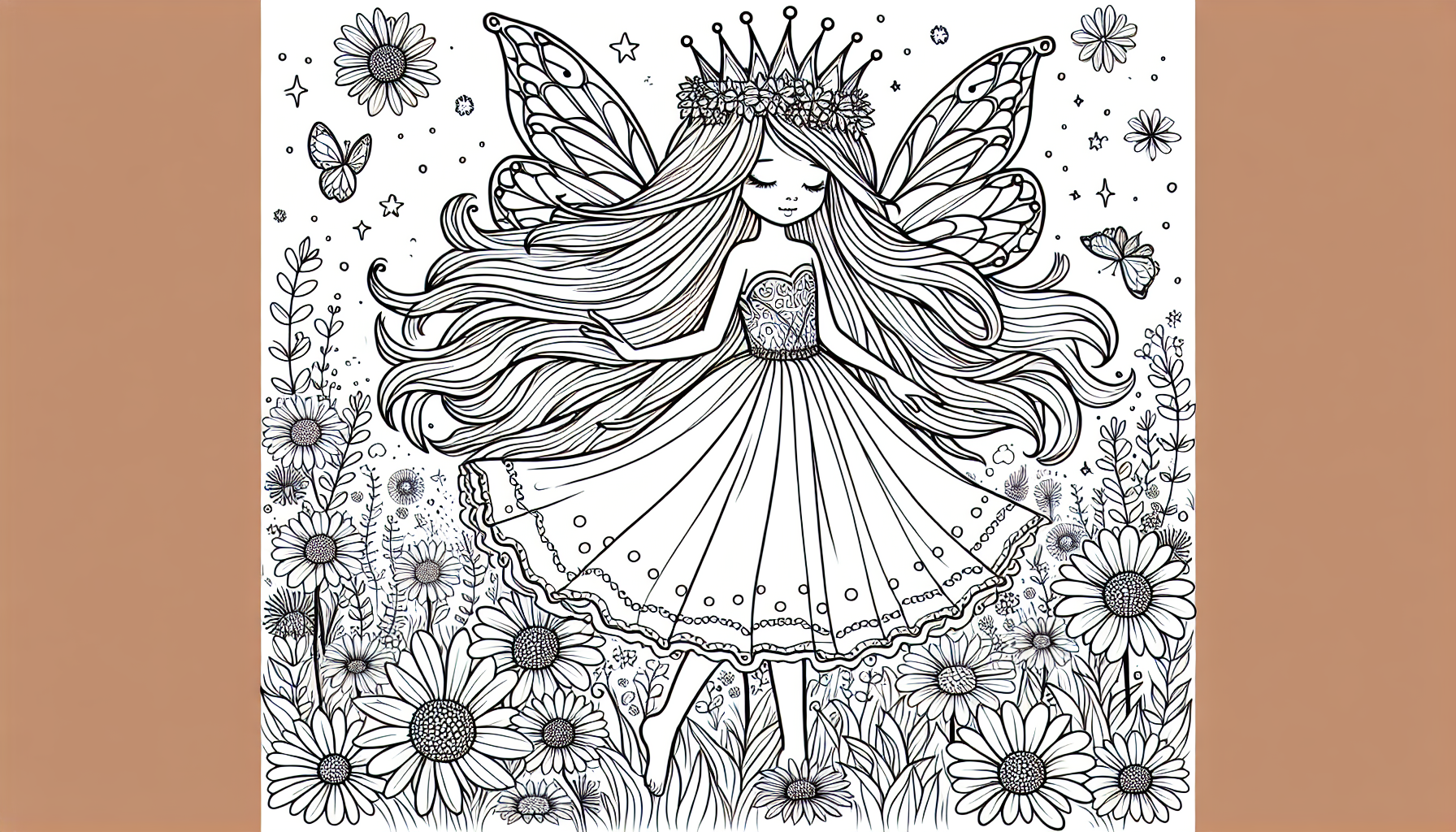 crea un dibujo de un hada mágica, con vestido, corona, pelo largo, delicada con alas grandes, volando sobre un campo con muchas flores, que tenga el borde grueso negro que pueda imprimir para colorear