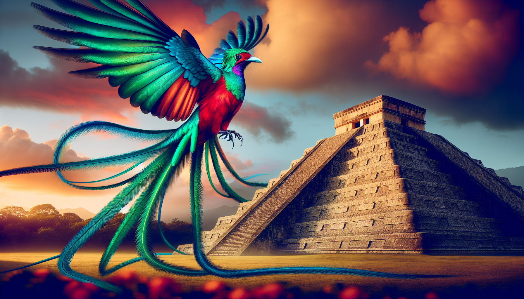 A quetzal flying over a mesoamerican pyramid