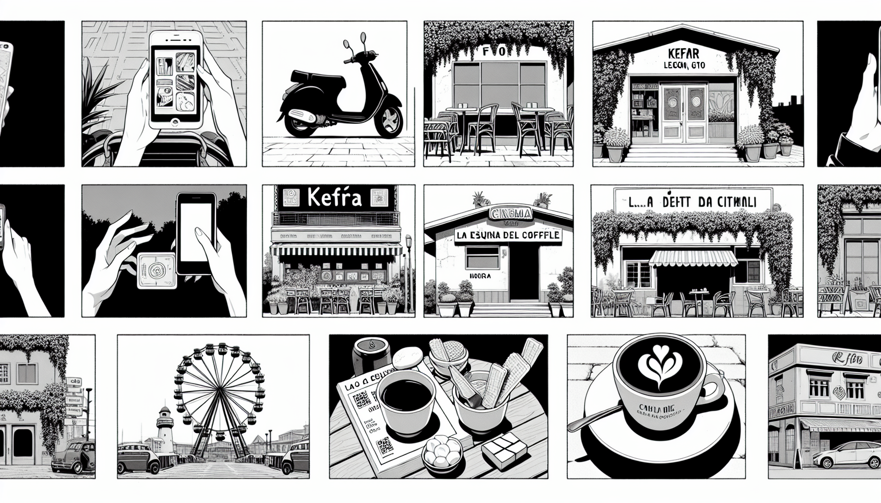 Diséñame una imagen parecida a un mapa a blanco y negro, estilo anime con los siguientes esta pero  lugares: al inicio del recorrido(lugar 1) que sean solo dos pares de manos, cada par con un celular entre las manos y como texteandoby diga león gto. El siguiente dibujo en el recorrido (lugar2)que sea una motoneta que a las puertas de una casa con techo rectangular que diga kefir, lugar 3 una cafetería con enredaderas a fuera y una taza de te chay y café y que diga Fiore, lugar 4 que  sea otra cafetería que este en un segundo piso y escaleras afuera, con algunas plantas y libros y dos tazas con café dentro de la cafetería y que en la descripción del lugar diga tierra latente, lugar 5 una rueda de la fortuna y carpas de feria y en una pantalla de celular diga diga Paty Cantú en un boleto,  lugar sea solo un letrero al estilo del cine antiguo 6 un faro antigua a fuera de una casa diga la esquina del waffle, en dicho lugar abajo del faro coloca una mesa cuadrada con la silueta de 3 mujeres y al centro de la mesa un plato de papás,  lugar  7 que sea una imagen de una mesa redonda hecha por un rollo de madera con dos sillas recargadas ena pared dónde haya botellas de vidrio colgadas frente a la mesa en tamaño más pequeño como a lo lejos  un chico tocando un teclado y una chica sentada cantando estilo jazz, en la mesa la silueta de dos mujeres sentadas y una pizza al centro de la mesa y en el suelo diga "viento libre", el último lugar  el número 7 en la ruta que  tenga un árbol grande con focos vintage de decoración y una mesa a fuera con dos sillas, en la mesa coloca un baguette y  2 bebidas en botellas de vidrio que digan "felix" en la etiqueta y un letrero en una patineta colgado en la pared que diga Tatuaje y en el árbol diga "santuario cafe" el lugar 8 que sea solo un árbol  con una motoneta recargada y con un letrero pegado que tenga la imagen de un gato blanco con negro y diga un número de celular y "se busca "