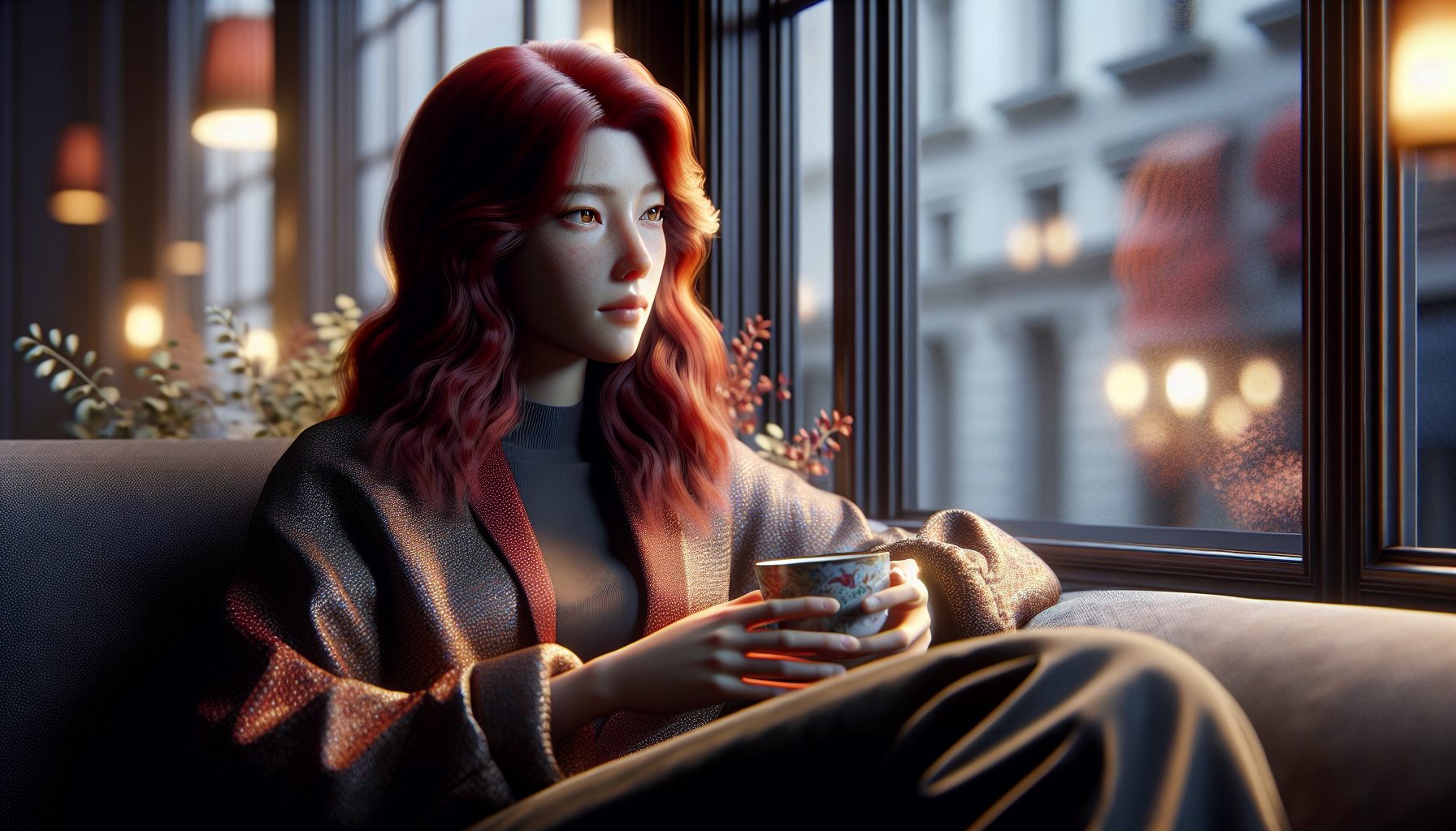 I want a semi realism digital art style redheaded female character sitting on a couch staring out a window with a cup of coffee in hand.