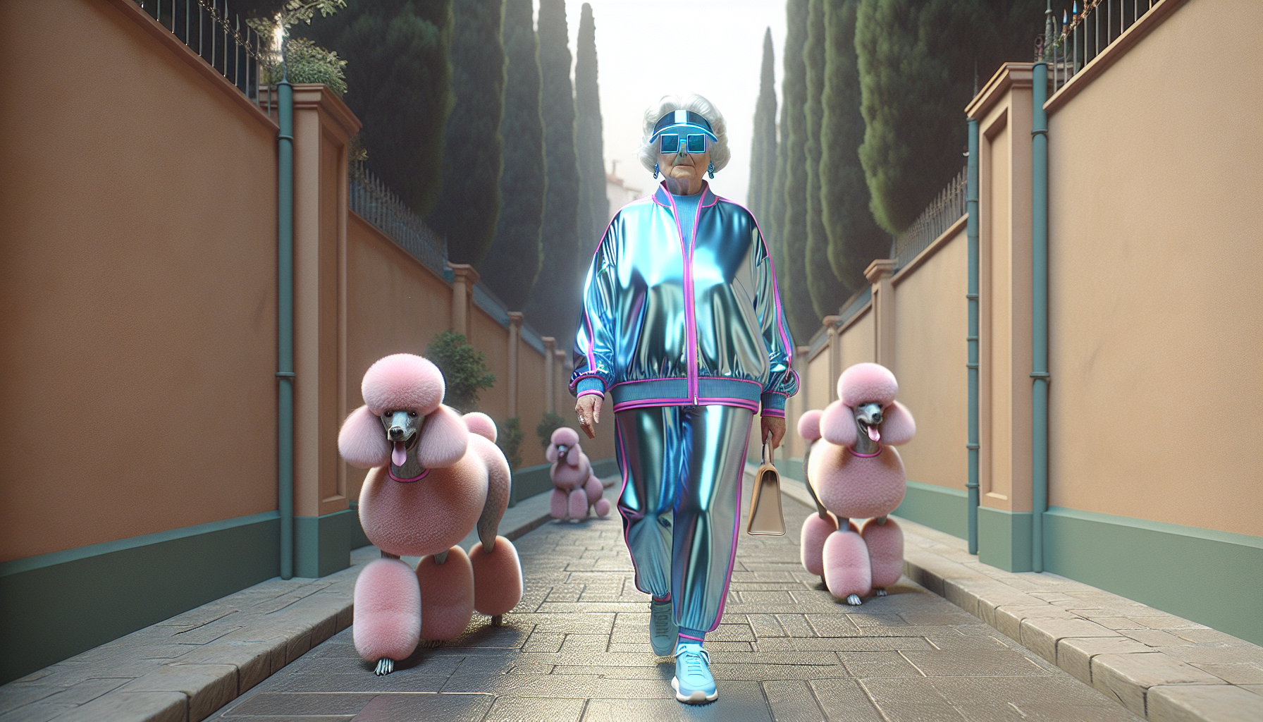A cinematic photograph of a glamorous elderly woman walking directly toward the camera down a narrow European-style pathway, flanked by two massive, perfectly groomed bubble-gum-pink poodles with exaggerated show-dog styling. The woman wears a shiny metallic sky-blue tracksuit with hot pink piping—a thin, glossy bomber jacket and matching pants that catch the light with subtle fabric wrinkles—paired with light sneakers, a sky-blue visor, oversized square sunglasses, and carries a small tan handbag. The poodles display comical cotton candy-like grooming with oversized rounded pom-pom heads completely obscuring their faces and tall, fluffy cylindrical leg columns, their dense matte fur appearing soft and voluminous. The setting features a muted pastel residential walkway lined with tall dark cypress trees, faded pink fences with white railings, dusty pink walls, and worn beige concrete underfoot, all bathed in warm, slightly desaturated golden late-afternoon light that creates an earthy, cinematic atmosphere.