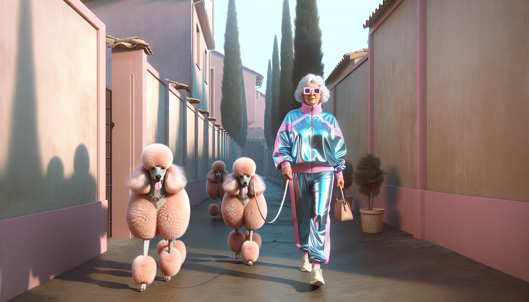 A cinematic photograph of a glamorous elderly woman walking directly toward the camera down a narrow European-style pathway, flanked by two massive, perfectly groomed bubble-gum-pink poodles with exaggerated show-dog styling. The woman wears a shiny metallic sky-blue tracksuit with hot pink piping—a thin, glossy bomber jacket and matching pants that catch the light with subtle fabric wrinkles—paired with light sneakers, a sky-blue visor, oversized square sunglasses, and carries a small tan handbag. The poodles display comical cotton candy-like grooming with oversized rounded pom-pom heads completely obscuring their faces and tall, fluffy cylindrical leg columns, their dense matte fur appearing soft and voluminous. The setting features a muted pastel residential walkway lined with tall dark cypress trees, faded pink fences with white railings, dusty pink walls, and worn beige concrete underfoot, all bathed in warm, slightly desaturated golden late-afternoon light that creates an earthy, cinematic atmosphere.