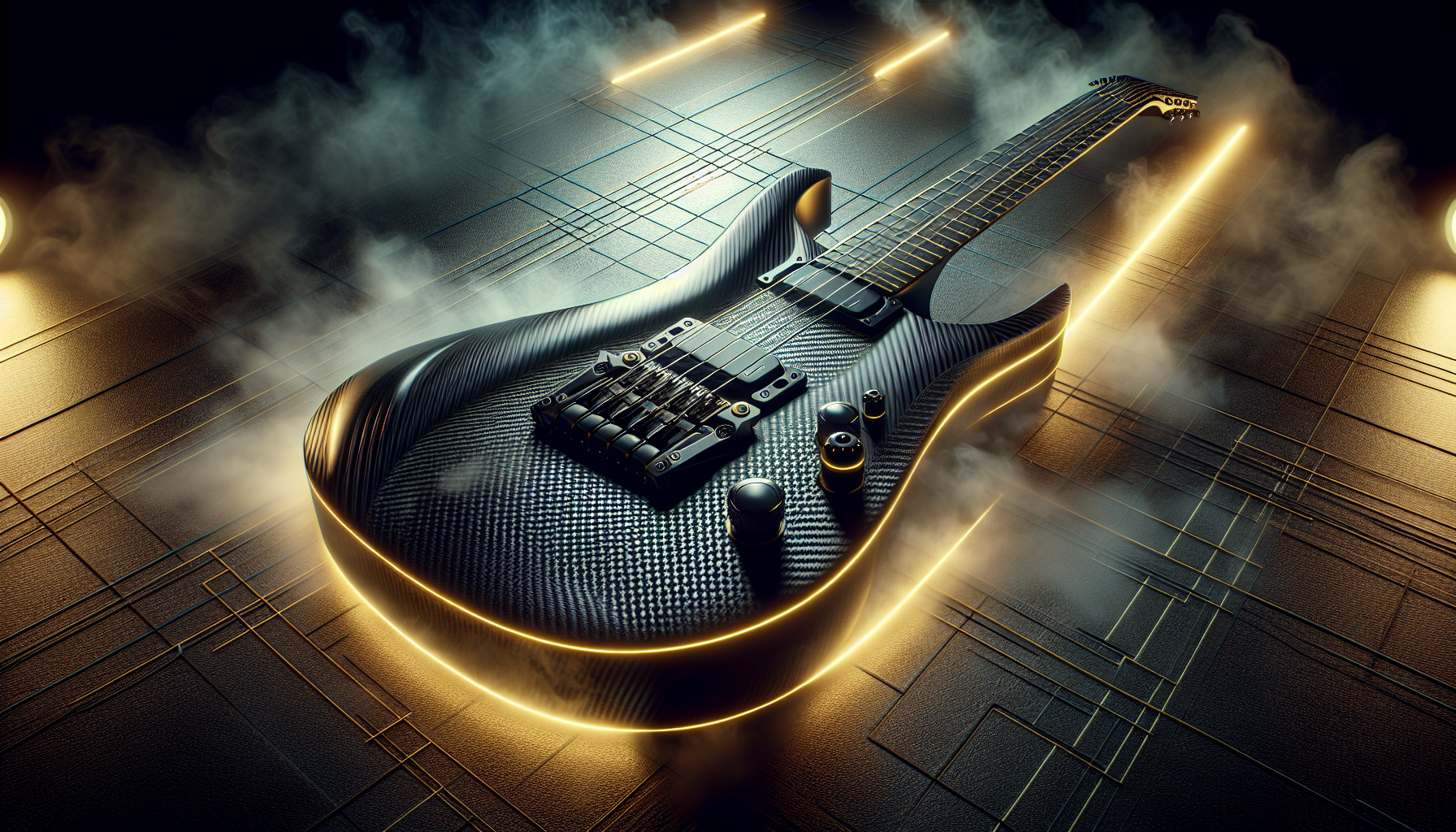 A hyper‑realistic illustration of a sleek black carbon‑fiber futuristic electric guitar with yellow neon accents, on a smokey stage with stage lights pointing down