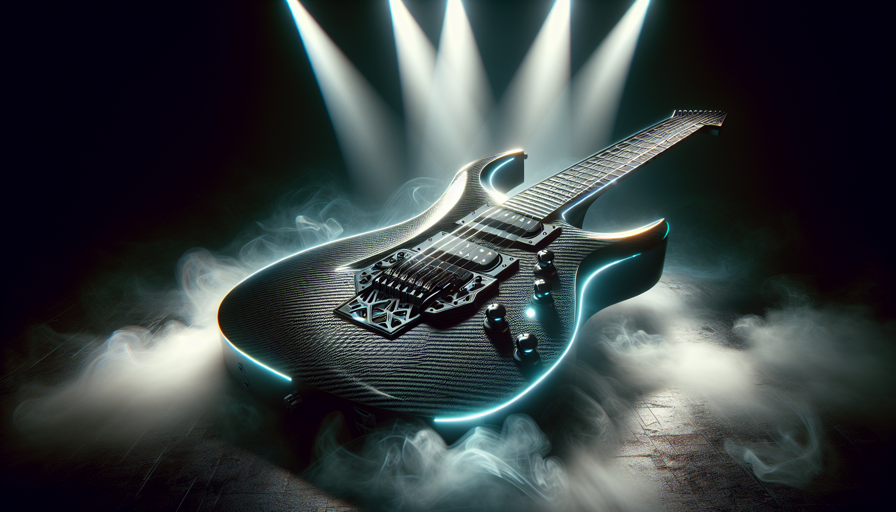 A hyper‑realistic illustration of a sleek black carbon‑fiber futuristic electric guitar with chrome neon accents, on a smokey stage with stage lights pointing down
