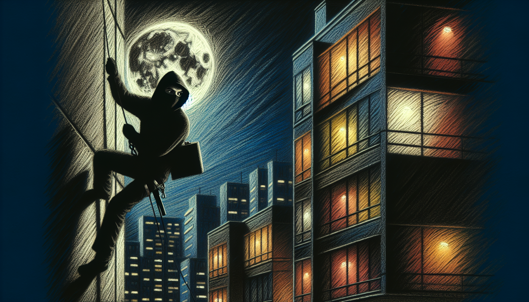 black hooded person rappeling through a building just to enter balcony

