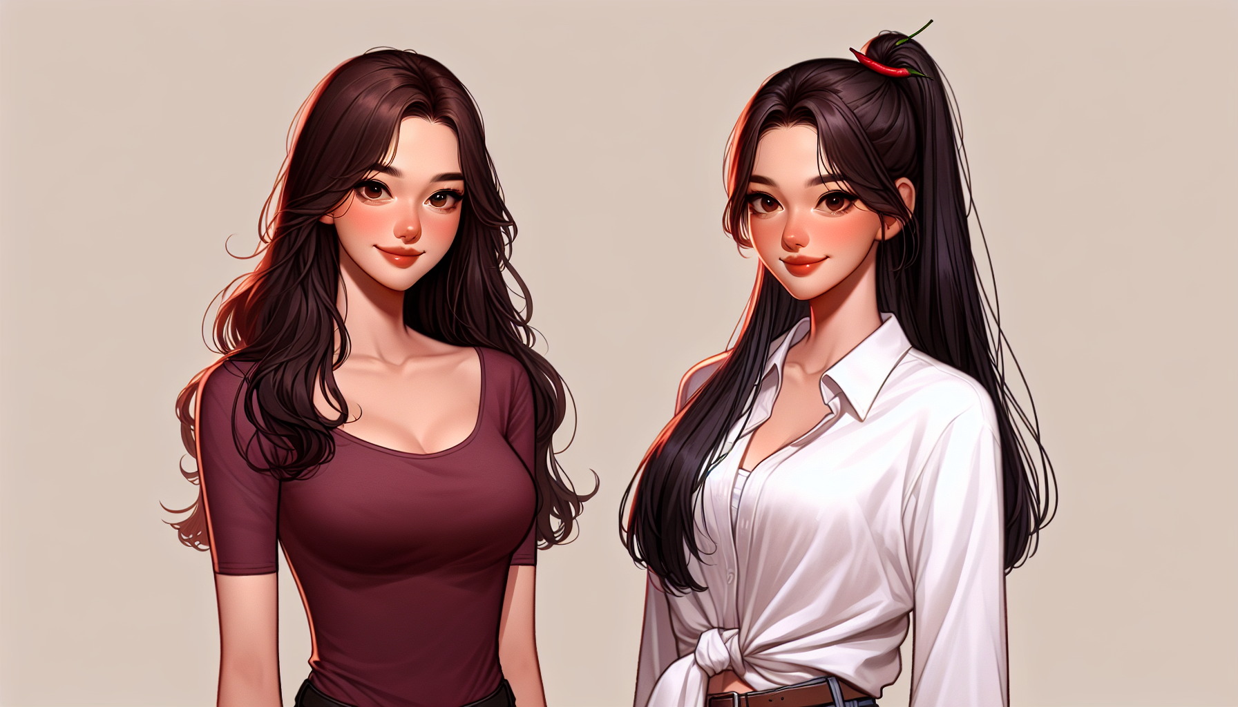 Dua wanita Indonesia berdiri saling berhadapan. Wanita pertama adalah MILF berusia 31 tahun, rambut hitam panjang bergelombang, tubuh agak berisi dan montok tapi tidak gendut, kulit agak cokelat, mengenakan pakaian minimalis berwarna merah maroon, wajah dewasa cantik khas Indonesia dengan kesan hangat dan ramah. Wanita kedua adalah mahasiswi berusia 21 tahun, rambut hitam lurus panjang diikat kuncir kuda, kulit cokelat cabai-cabai yang cerah tapi tidak hitam, tubuh sedikit montok ala cabe-cabean, mengenakan kemeja putih terbuka, wajah cantik remaja Indonesia dengan kesan cabe-cabean.