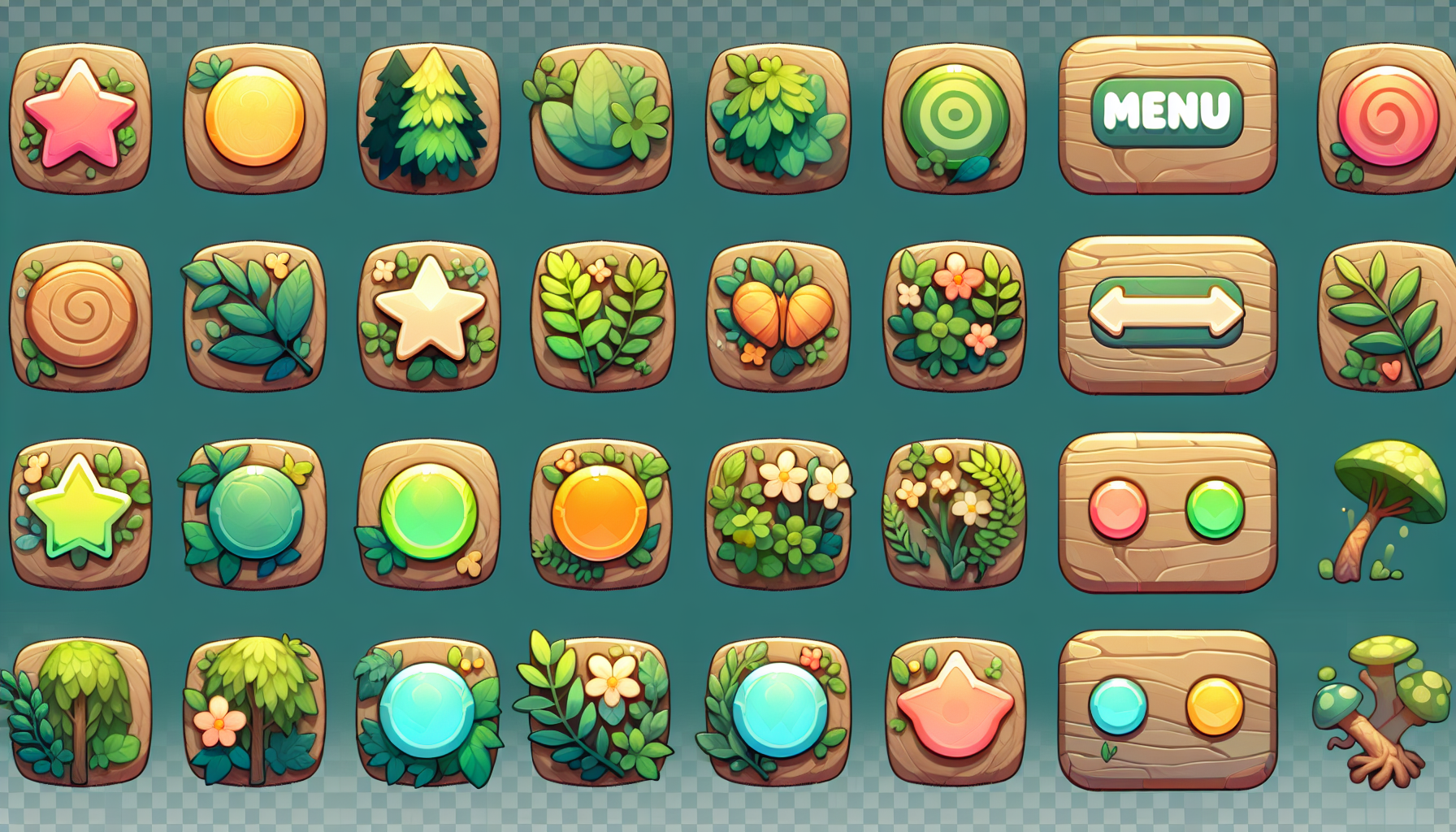 mobile game GUI spritesheet, fun and colorful nature themed UI, playful casual mobile game style,
buttons made of wood, leaves, plants and soft natural elements,
wood texture illustration style, leaf decorations, small vines and organic shapes,
bright and friendly color variations (green, light blue, yellow, orange, soft red),
cute and joyful atmosphere, family friendly casual game look

soft rounded square buttons, slightly puffy and soft shapes,
clean vector illustration style, no photo textures, hand illustrated look,
soft shadows only, simple lighting, consistent style

one single spritesheet image,
arranged in a clean grid, 4 columns and 3 rows, evenly spaced,
transparent background

12 square buttons, icon only, no text:
menu icon,
score (star or trophy) icon,
left arrow,
right arrow,
restart (circular arrow),
sound (speaker),
settings (gear),
pause,
music note,
info,
back arrow,
home icon

icons centered inside each button,
all buttons in the same visual style but with small natural variations
(different leaf shapes, small wood tone variations, subtle color changes),
high clarity, sharp edges, suitable for mobile game UI