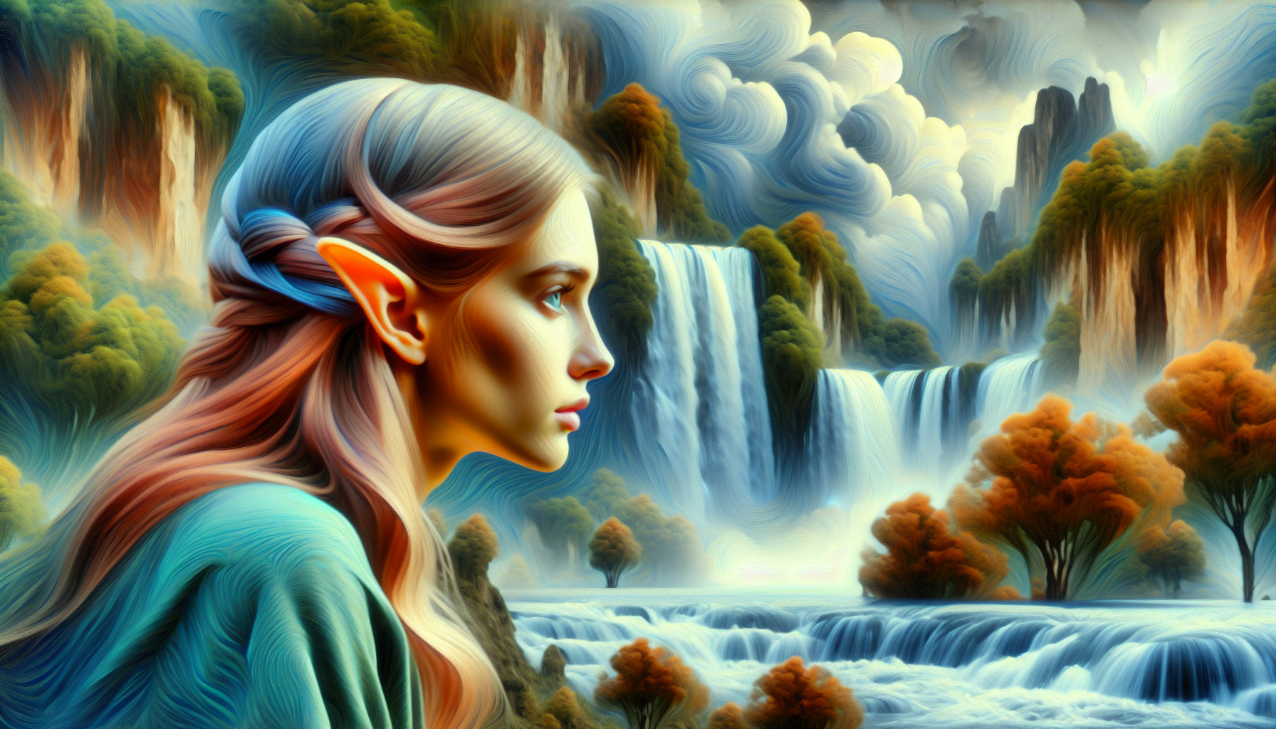 девушка эльф ,смотрит в даль, а вокруг водопады