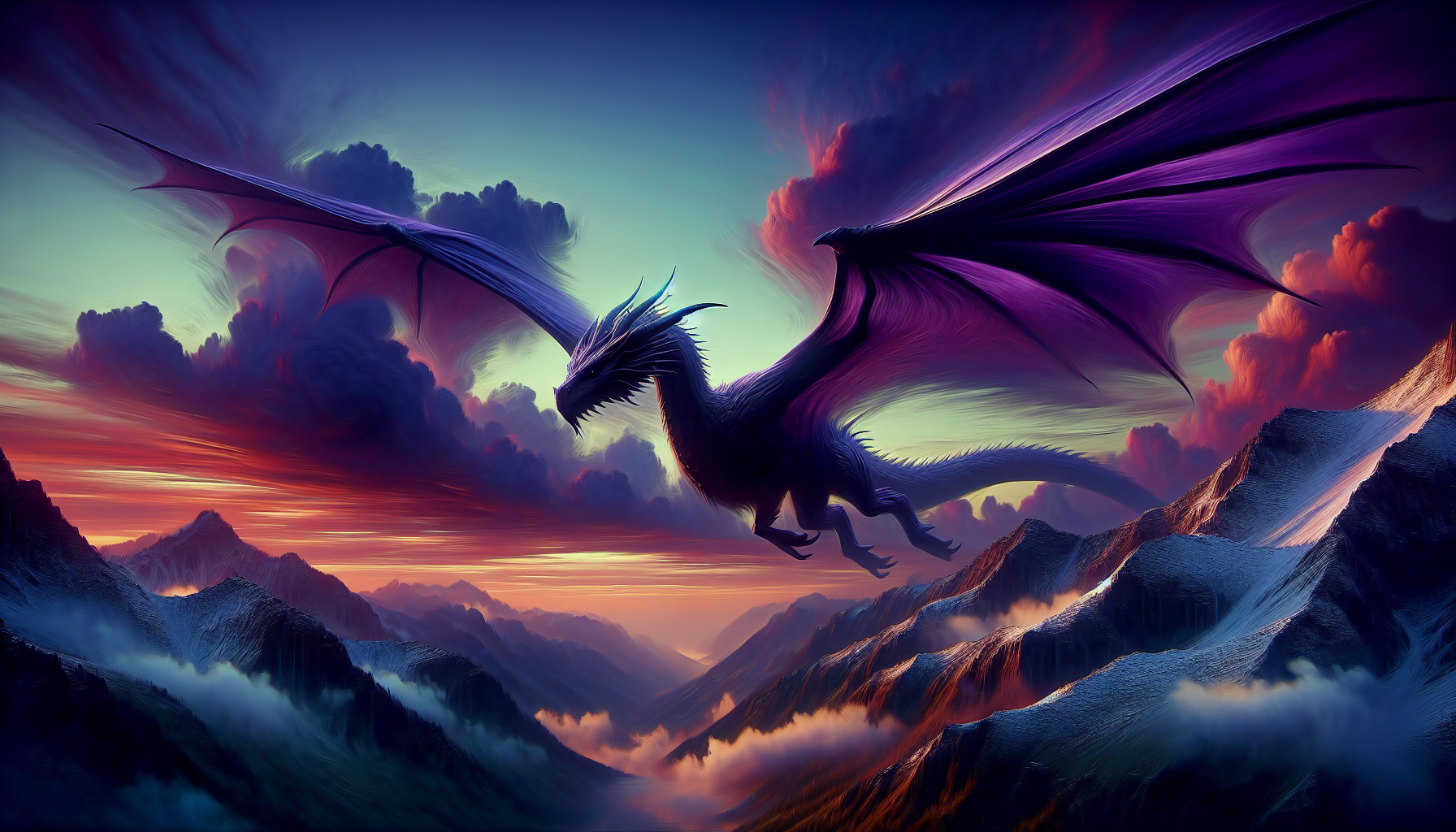 Purple dragon flying over mountains