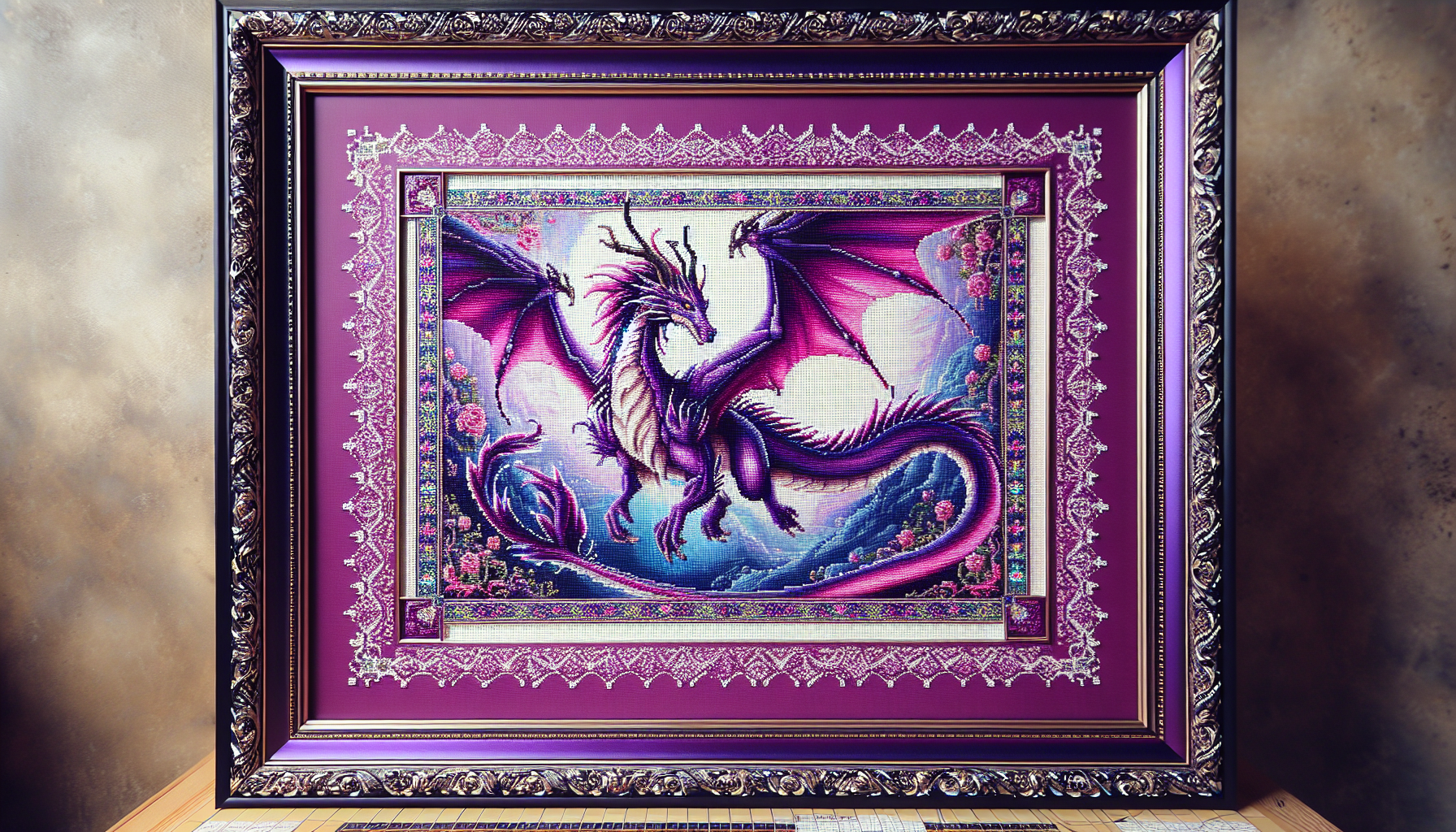 Purple dragon flying cross stitch picture in a frame