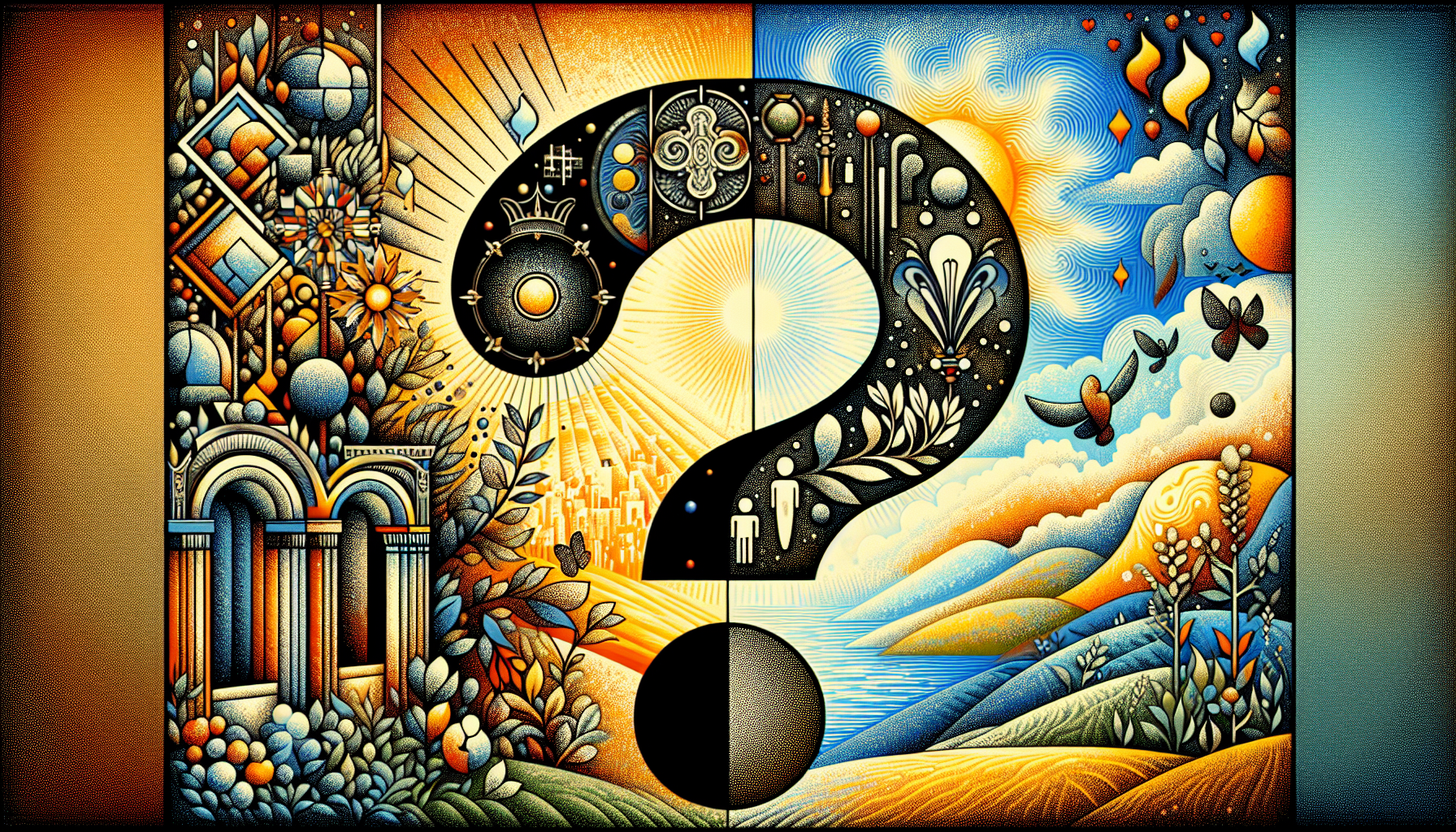 Can you generate a symbolic question mark that needed an answer a background of two different futures, the one side is fame and power and the other side is freedom and love