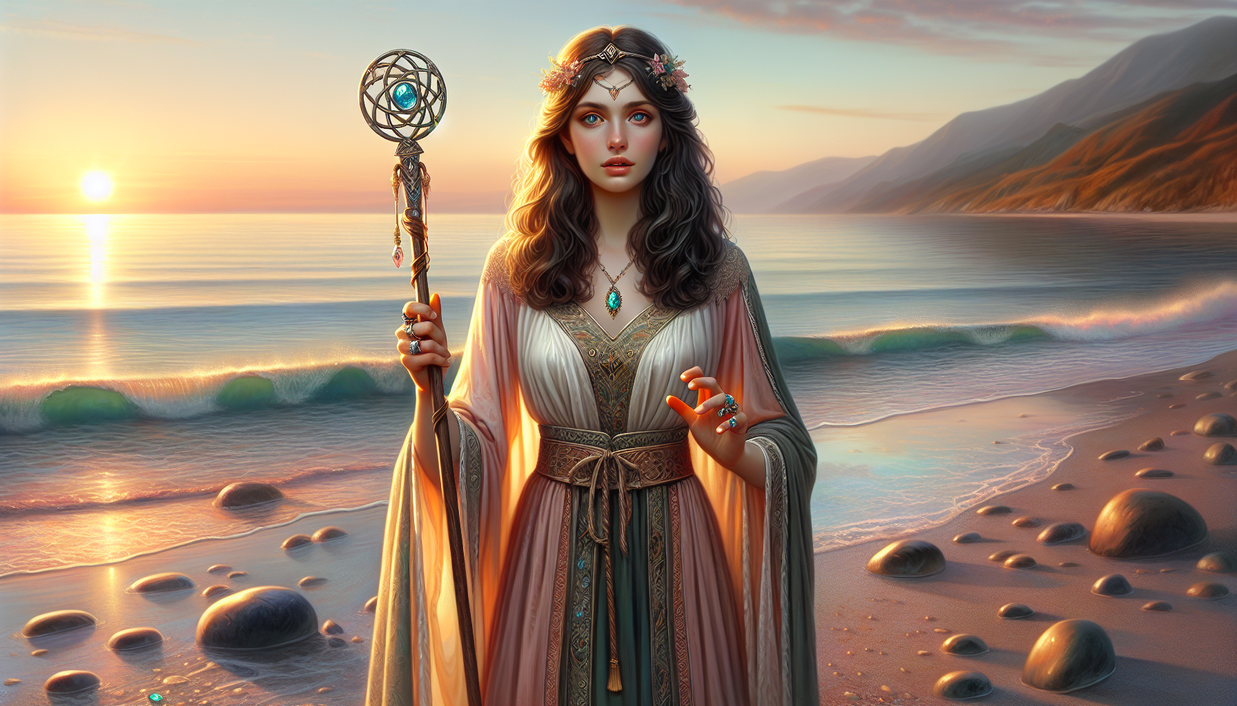 A young and beautiful sorceress on a coast near the sea