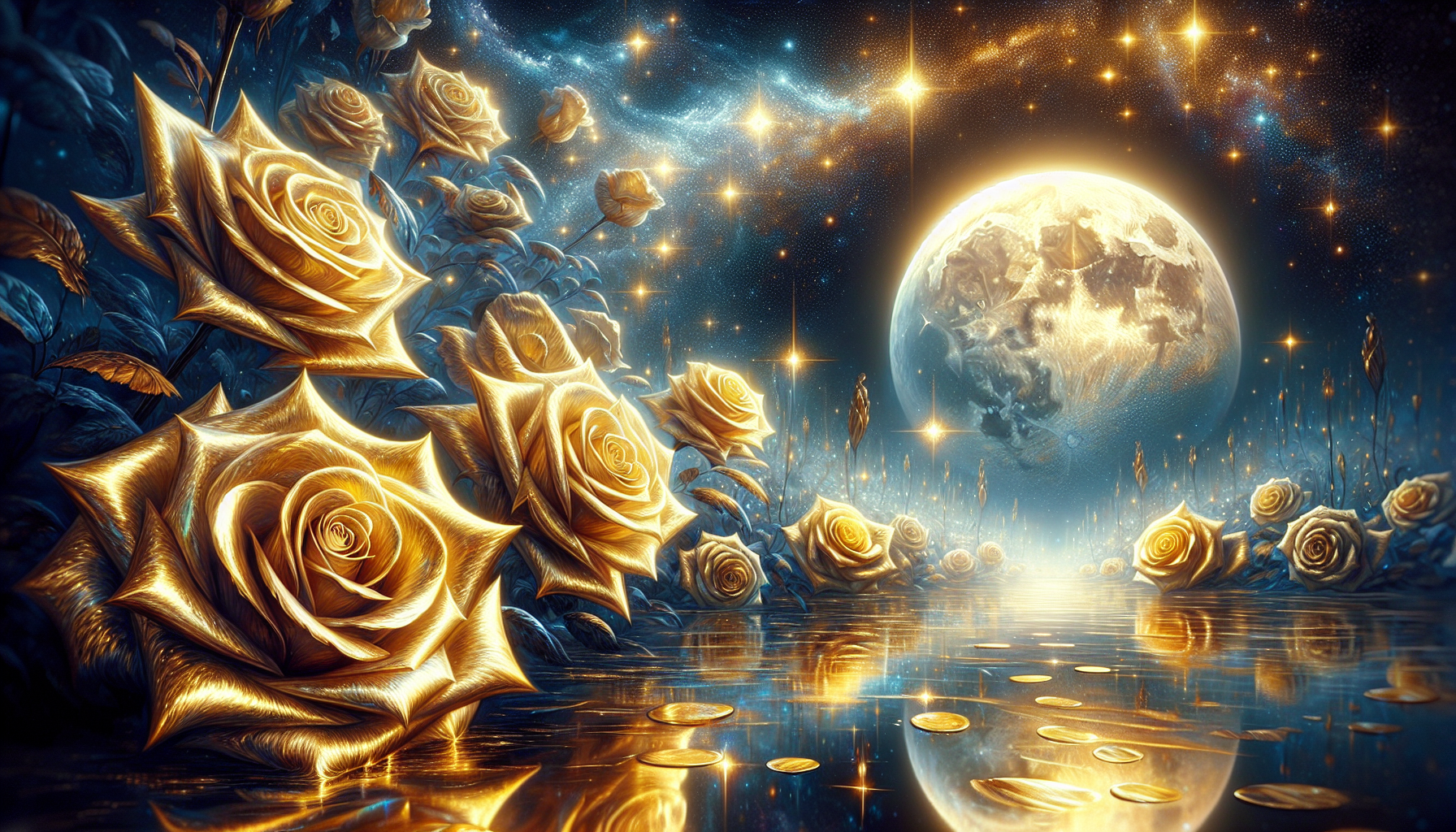 Stunning gold roses in the moonlight night, beautiful starry sky, the stars are shining 