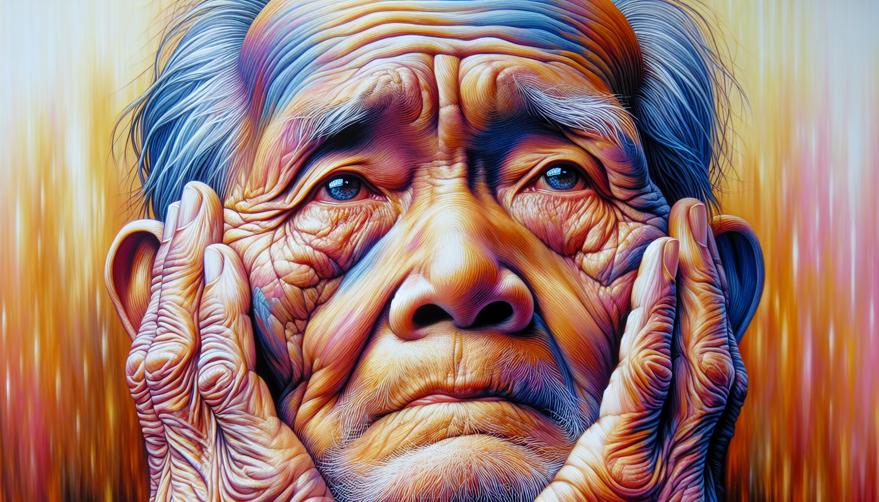 colourfull acrylic painting of and old man's face, with sad eyes looking to the sky, while holding his head in his hands