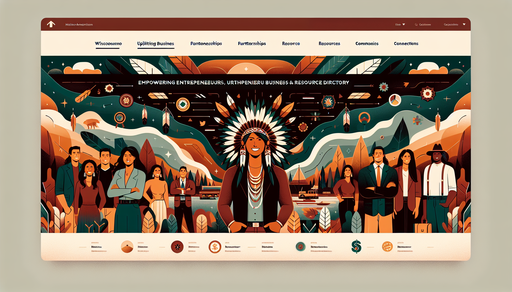 Professional website hero banner for NativeBizDirectory.com, a Midwest Native American business directory empowering Indigenous entrepreneurs. Use warm earth tones: deep reds, browns, golden yellows, forest greens, turquoise accents. Subtle Indigenous geometric patterns or nature motifs (feathers, arrows, mountains) in background. Show confident Native entrepreneur(s) smiling in modern setting. Bold sans-serif text overlay: 'Wisconsin & Midwest Native Entrepreneurs Business & Resource Directory' and 'Empowering Native American Entrepreneurs – Resources, Partnerships, Community Pride'. Include small icons for business, finance, resources, connections. Uplifting, contemporary Indigenous pride style, high-res digital art, 16:9 aspect ratio, positive cinematic lighting.