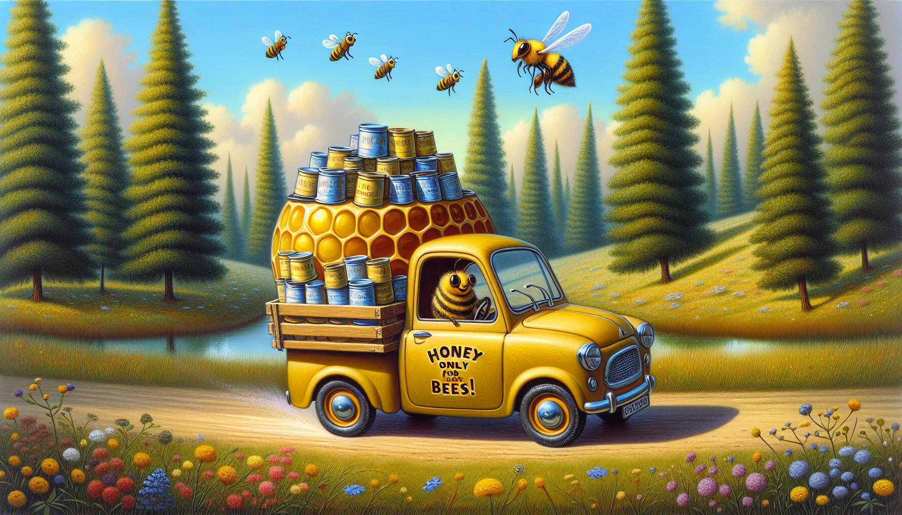 A bee is driving a car, it is carrying cans of honey, and the sign on the truck says honey only for bees.