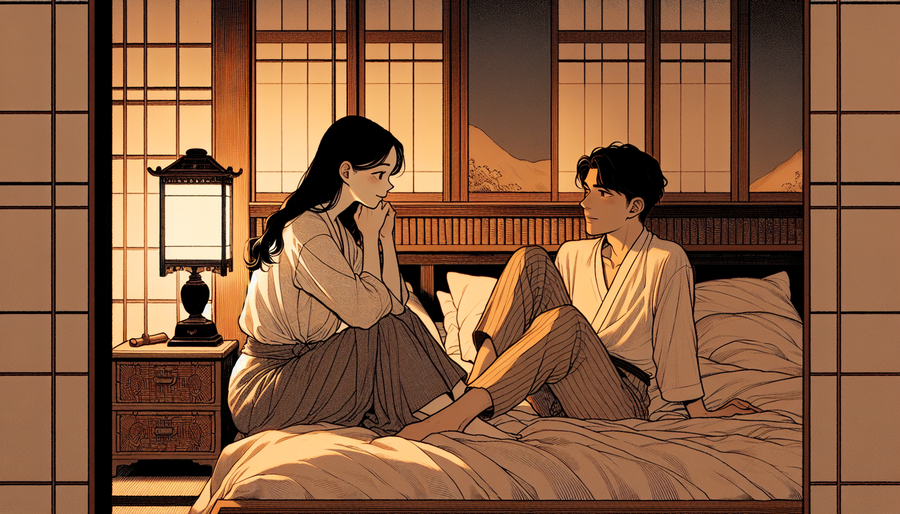 Create a webtoon-style image of a couple in the bedroom, both on a warm night, gazing lovingly at each other.