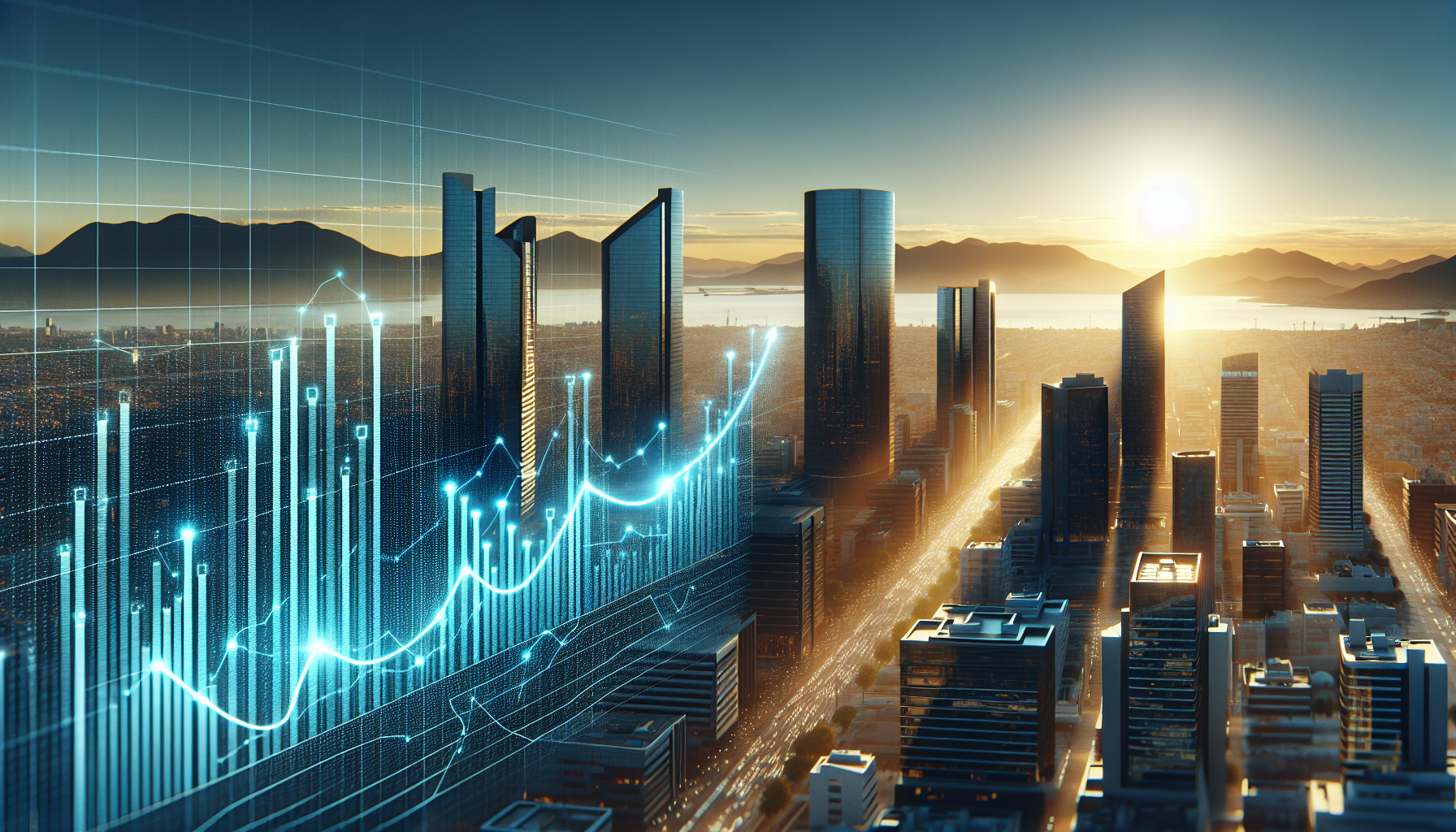 Crea una imagen cinematográfica financiera ultra realista y profesional. Escena principal: skyline financiero moderno de una ciudad al amanecer inspirado en Monterrey, Nuevo León, México. Arquitectura contemporánea elegante del distrito financiero, edificios de vidrio modernos, horizonte urbano limpio y sofisticado. Montañas suaves en el fondo características del paisaje de Monterrey. En primer plano aparece un gráfico financiero minimalista azul creciendo lentamente sobre la ciudad, una línea financiera luminosa ascendente que representa crecimiento patrimonial y estabilidad financiera. Estética visual inspirada en cine financiero moderno estilo película The Big Short: ambiente sofisticado, corporativo y aspiracional. Iluminación cinematográfica suave del amanecer con tonos cálidos del sol contrastando con una paleta corporativa azul profundo. Atmósfera elegante, profesional y moderna. Efectos visuales sutiles: glow cinematográfico suave en el gráfico financiero light sweep elegante recorriendo la línea de crecimiento grain cinematográfico leve estilo película profundidad de campo profesional motion blur muy suave en elementos urbanos para sensación dinámica Estilo visual editorial financiero premium tipo revista de negocios internacional. Composición limpia y minimalista con espacio negativo elegante, sensación de estabilidad financiera, crecimiento patrimonial y visión estratégica. Ultra realista, iluminación cinematográfica natural, nivel detalle alto, fotografía editorial profesional. Formato vertical 9:16 Resolución ultra alta 4K Estilo moderno, vanguardista, corporativo premium. Restricciones importantes: no caricatura no estilo ilustración no gráficos infantiles no colores saturados artificiales no futurismo exagerado no texto no logos no elementos tecnológicos fantasiosos Resultado visual: imagen cinematográfica elegante de crecimiento financiero sobre skyline moderno.