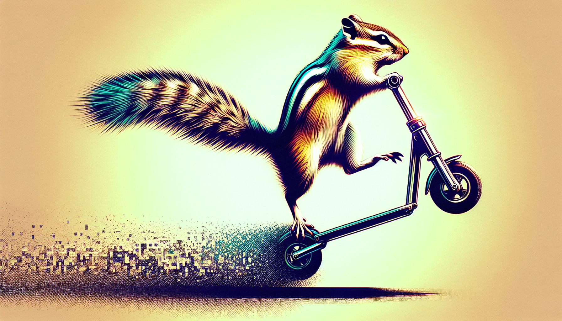 A chipmunk riding a 3 wheel scooter with his backleg in the air 