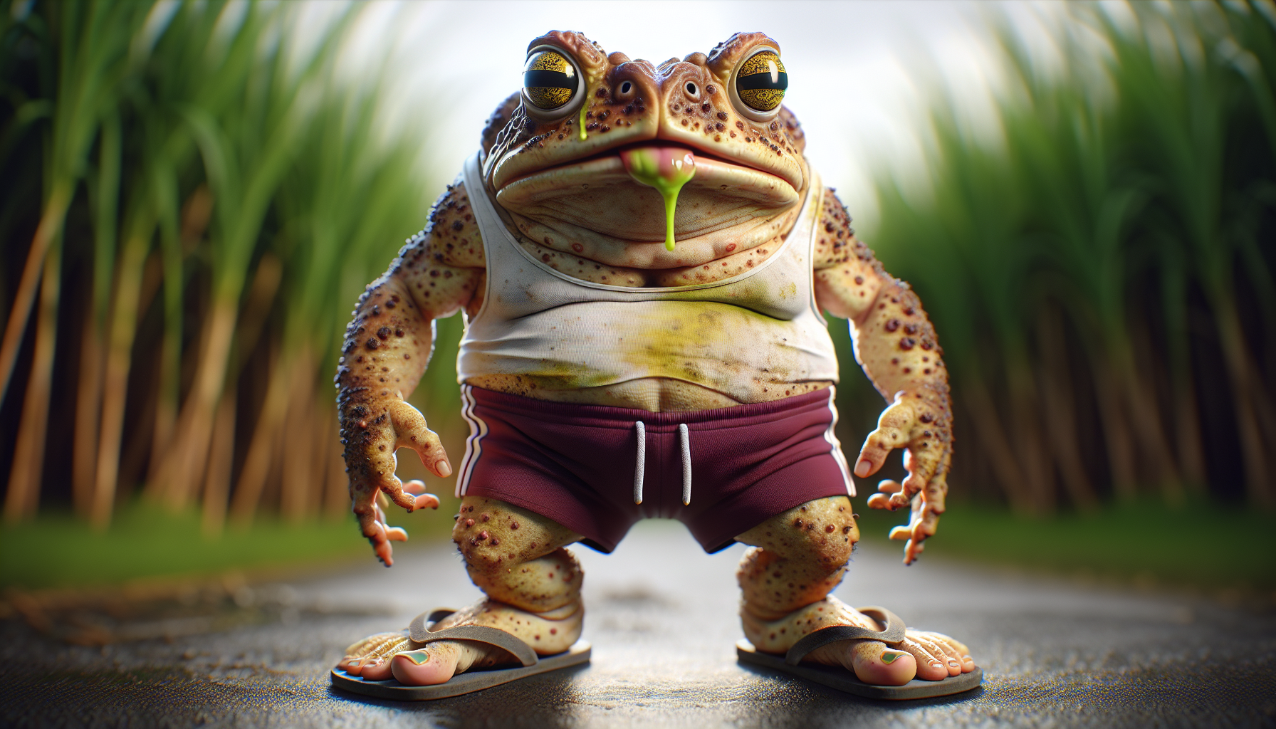 A captivating 3D render illustration of a fierce looking, anthropomorphic CANE TOAD, created in a hyper-realistic style with chibi proportions (large chest, muscular arms, small waist and legs), full body shot. Exaggeratedly large mouth with fat tongue protruding, bulging yellow stained eyeballs blinking. This mottled brown TOAD wears a dirty white singlet, maroon rugby shorts (with two white stripes down the side), old rubber thongs on his feet revealing repulsive toes. Its skin is textured with yellow spots and green warts. A truly repulsive creature. >>> The blurred background resembles a cane feild, with a dark, unfocused, dimly lit, shallow depth of field. Captured in a HDR with full length portrait photography aesthetic. Presented as AAA character art with DayZ game style futures, rendered with ZBrush-level sculpt detail, Unreal Engine/Octane/Redshift-style ray-traced lighting, physically based rendering, film-grade color grading, and ultra-sharp 16k hyperrealism. Stylized realism, not illustration, professional cinematic character render.