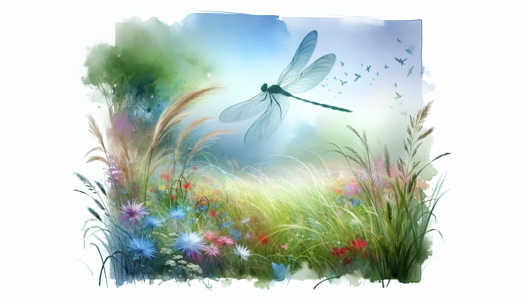 Dragonfly flying  in a meadow