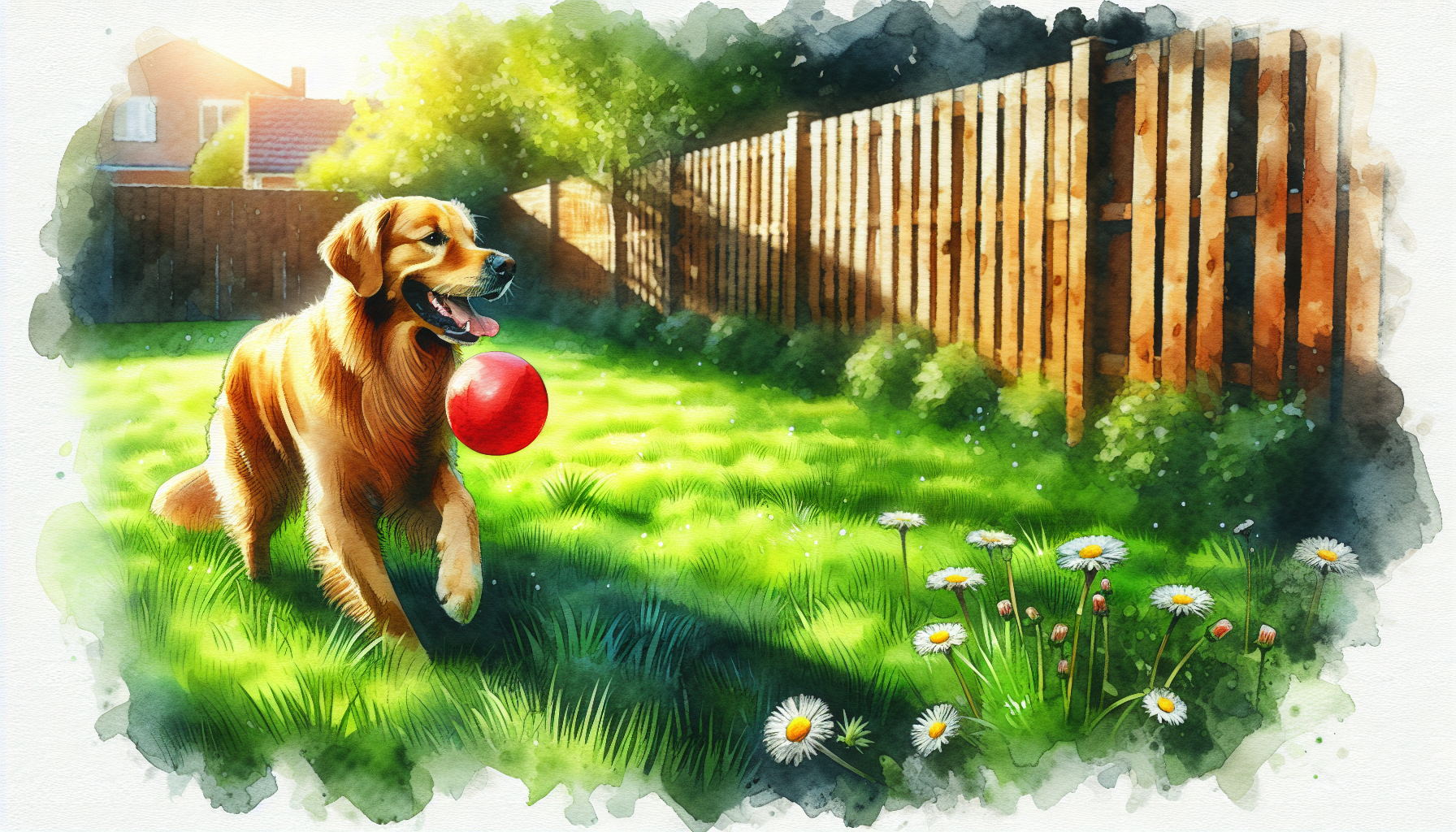 golden retriever playing with a ball in the yard\
