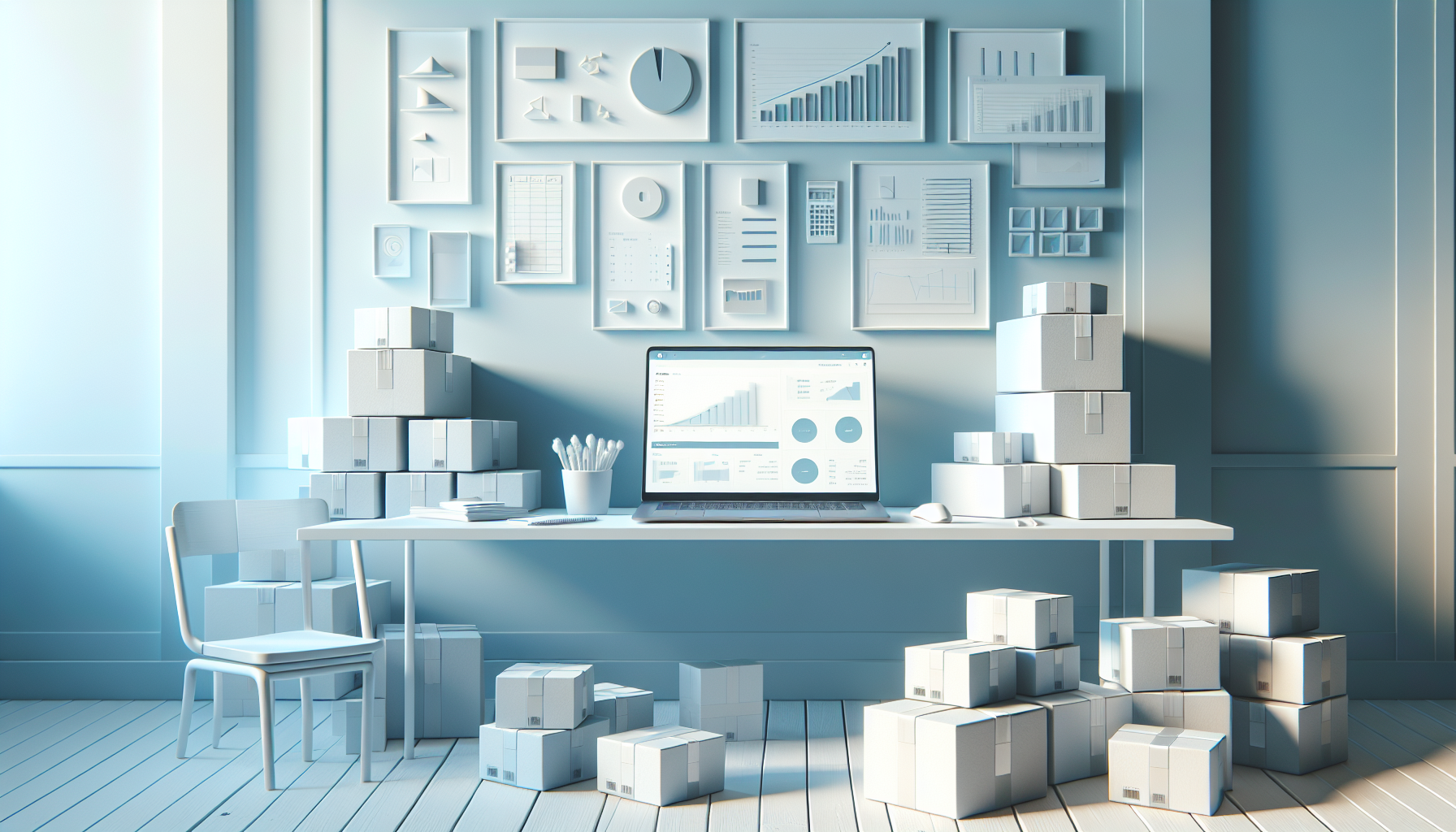 A modern workspace showing a laptop open on Amazon seller dashboard with only charts and visuals (no readable text), boxes stacked neatly around, a person analyzing wholesale products on screen, soft natural daylight, clean desk setup, minimal design, pastel color tones, light blue and white theme, professional eCommerce environment, high clarity, ultra realistic, 4k, depth of field, no text, no words, no letters, no typography