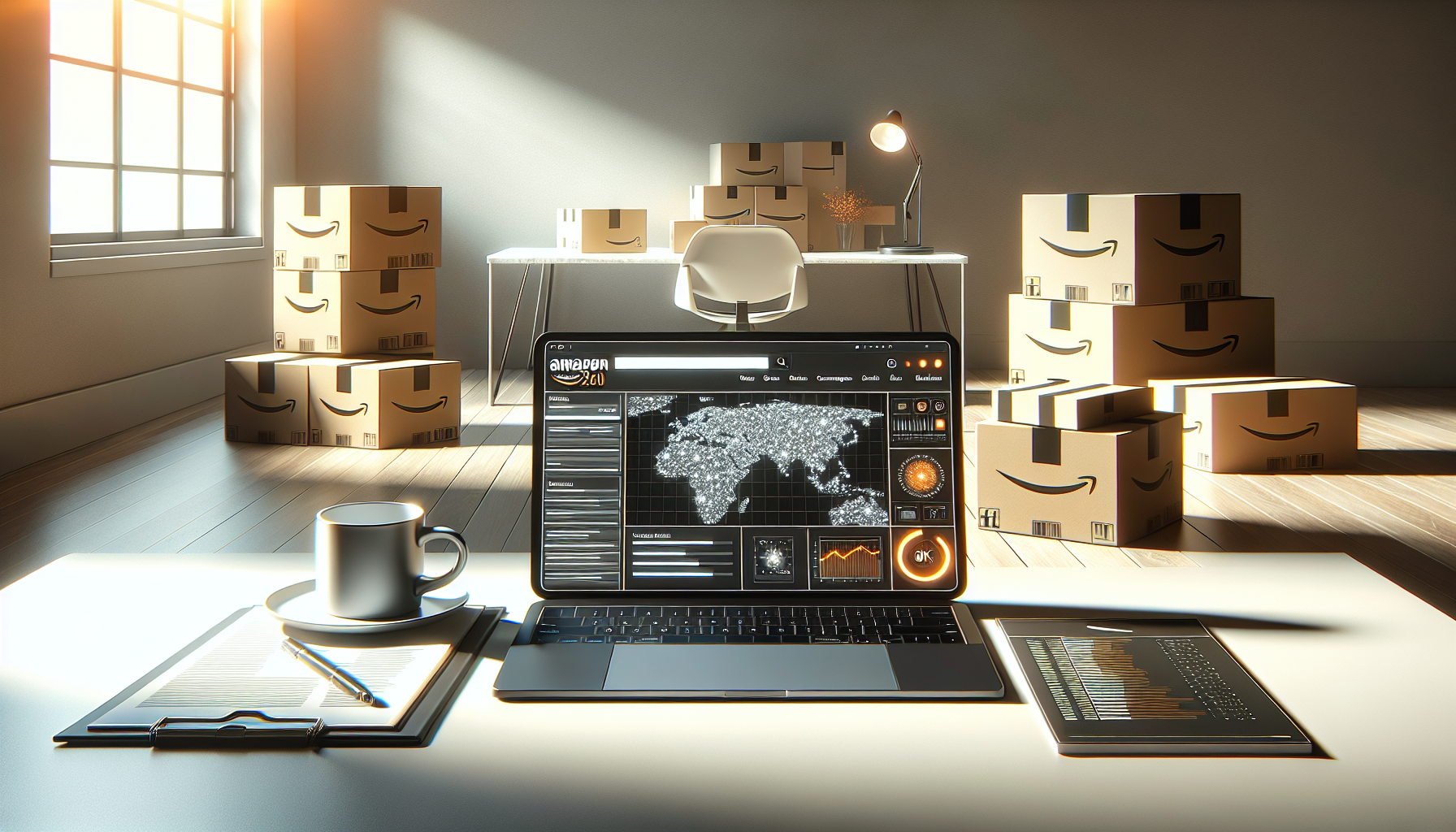 A modern workspace showing a person learning and managing Amazon wholesale on a laptop with advanced abstract eCommerce dashboard (no readable text), neatly stacked shipping boxes with orange accents around, representing how to do Amazon wholesale in 2026, soft natural daylight, clean desk setup, minimal design, bright environment, orange, black and white color palette inspired by Amazon theme, ultra realistic, 4k, depth of field, no text, no letters, no numbers, no logos