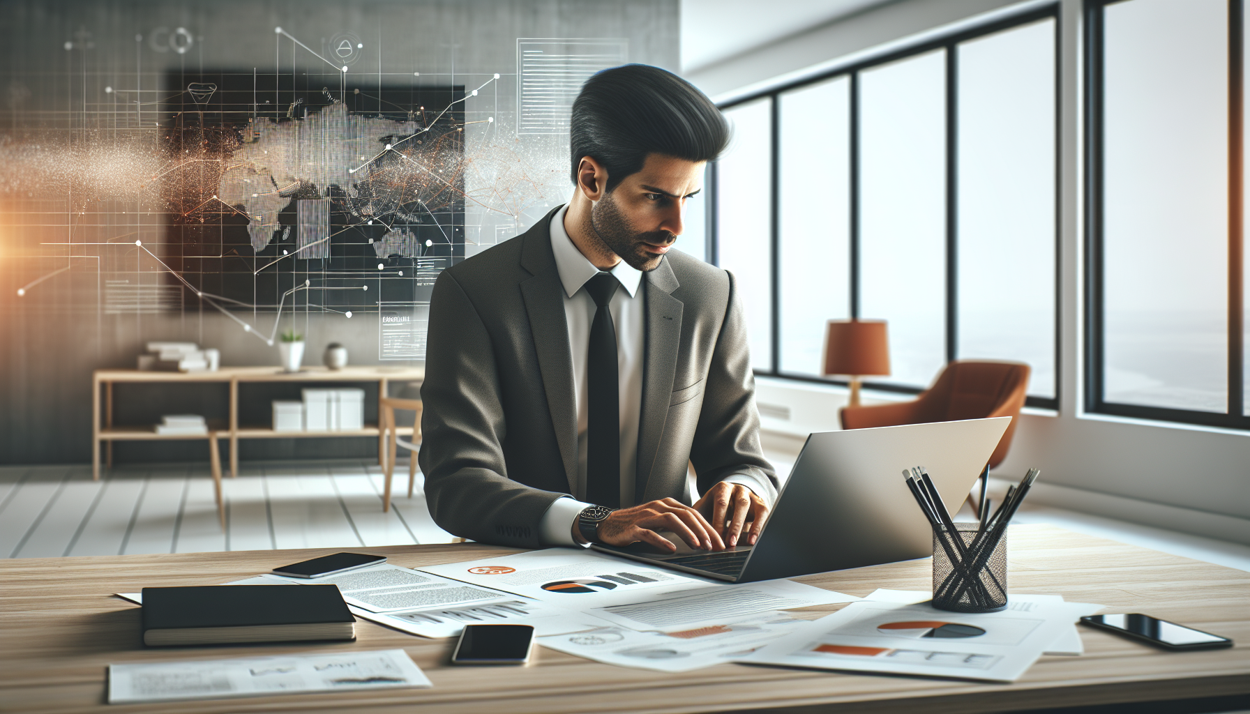 a modern workspace showing a professional reviewing business documents on a laptop with abstract interface (no readable text), organized desk with subtle legal elements, soft natural daylight, minimal design, orange, black and white color palette inspired by Amazon theme, ultra realistic, 4k, no text, no letters, no logos