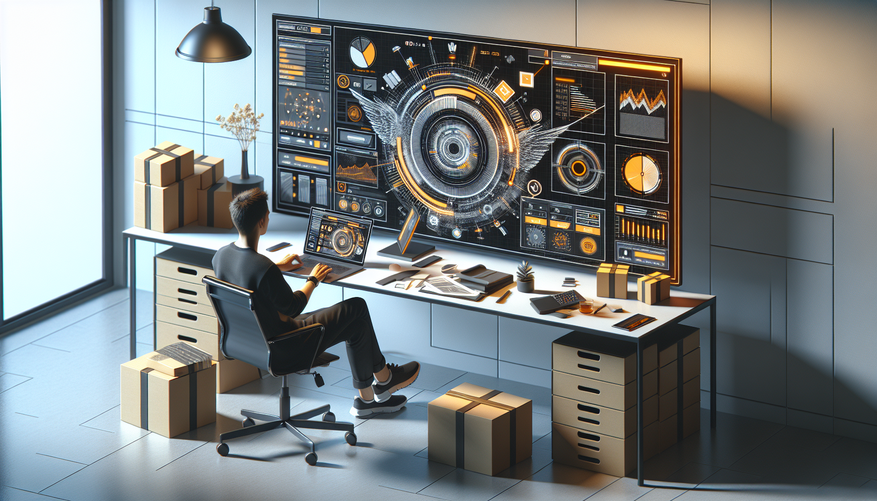 a modern workspace with a person managing products on a laptop showing abstract eCommerce interface (no readable text), with neatly arranged boxes and packaging elements with orange accents, soft natural daylight, clean desk setup, orange, black and white color palette inspired by Amazon theme, ultra realistic, 4k, no text, no letters, no logos