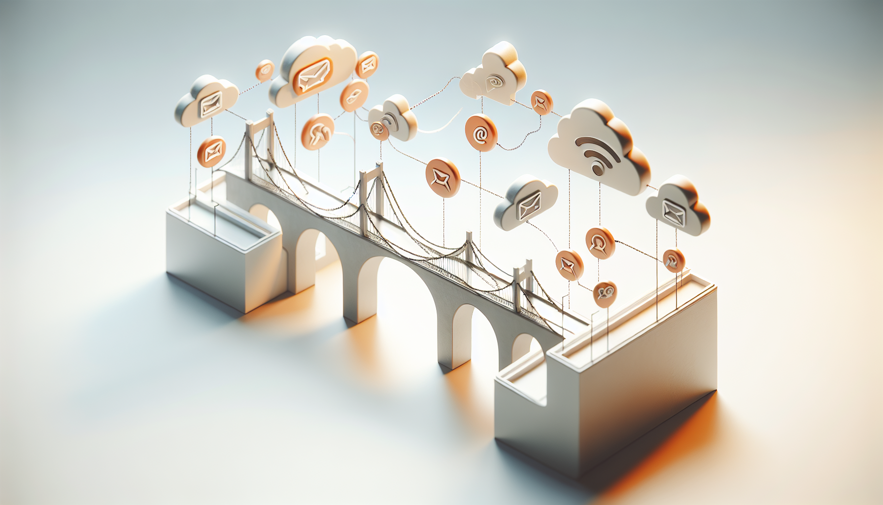 a communication bridge concept showing a connection forming between a buyer and a seller through a digital pathway, with subtle chat/message icons integrated into the flow, symbolizing contacting a seller on Amazon in 2026, clean white background, soft orange accent highlights inspired by Amazon theme, bright lighting, minimal modern composition, ultra realistic, 4k, no text, no letters, no numbers, no logos